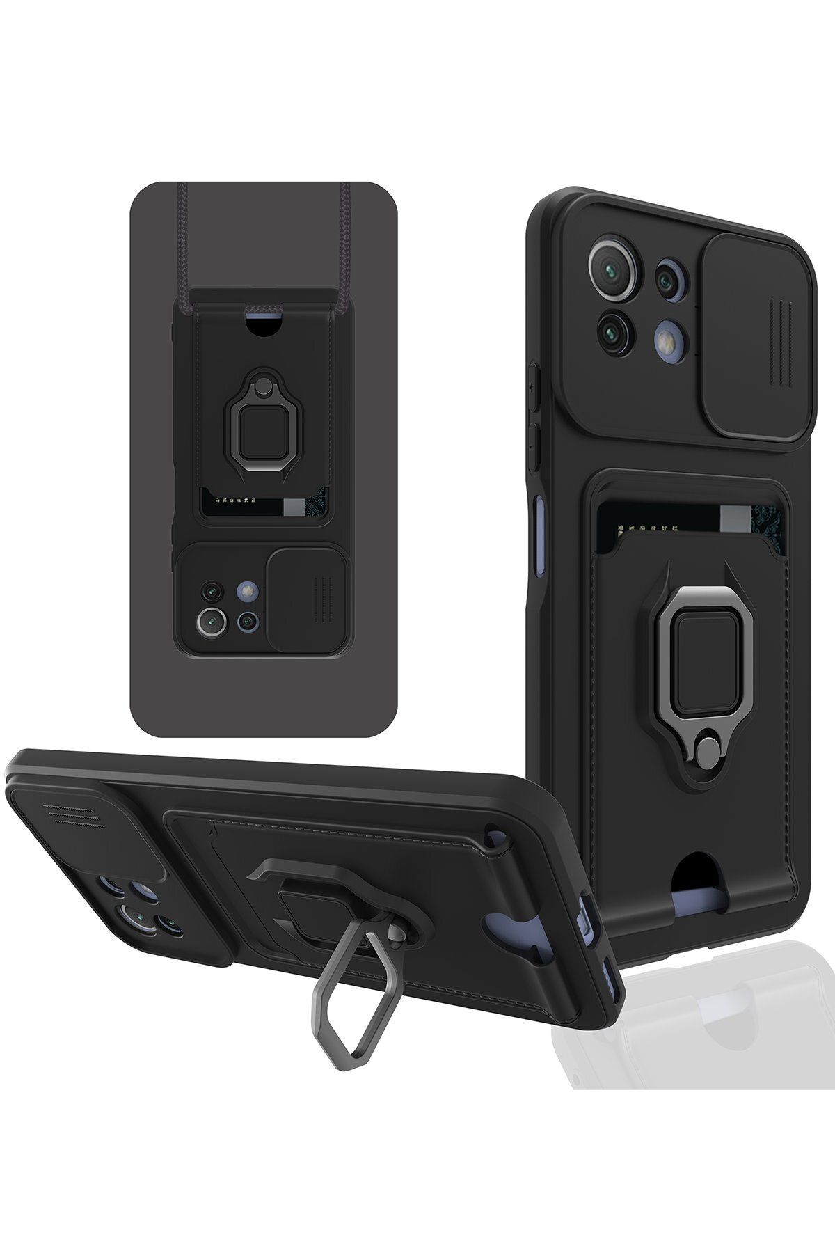 cepmoda Xiaomi Mİ 11 LİTE Askı İpli Telefon Kılıfı – Kartlık, Stand, Kamera Koruma – SİYAH