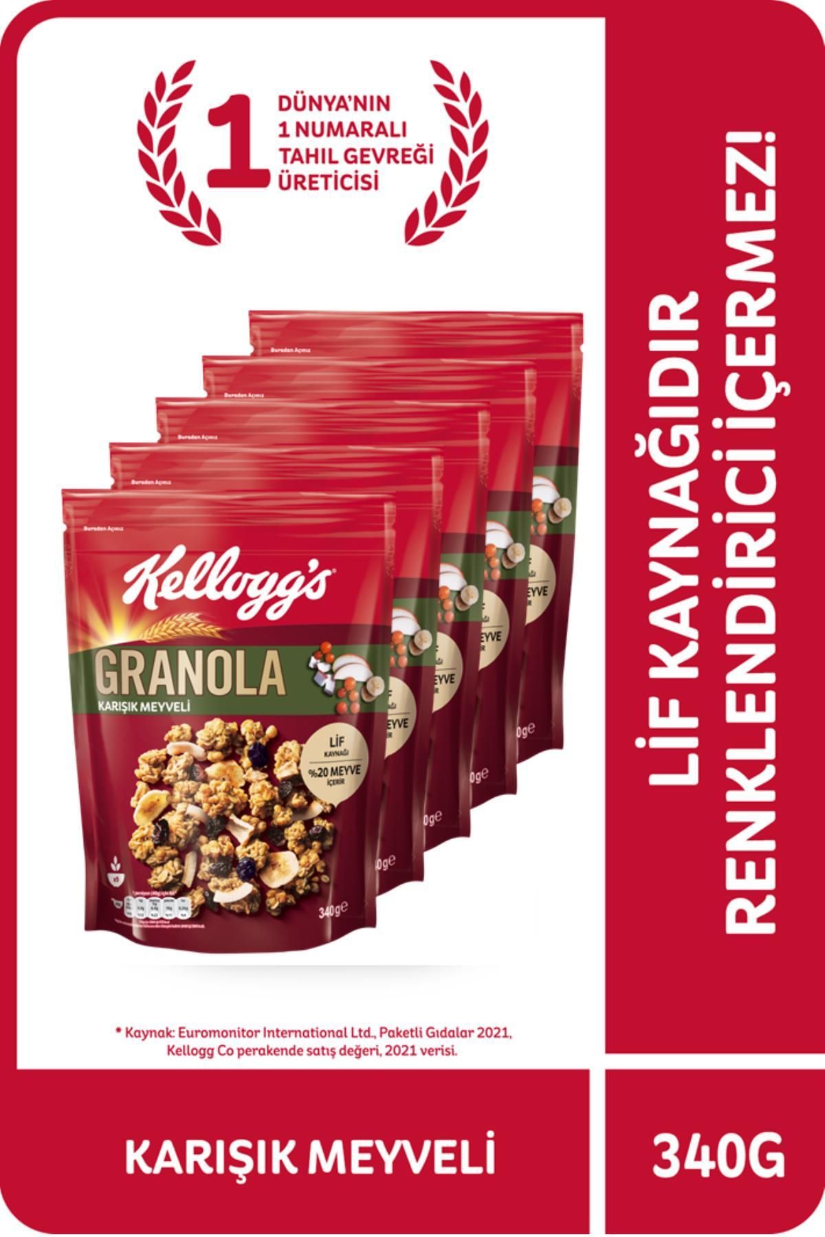 Kellogg's Granola Karışık Meyveli 340 gr X 5 Adet, %45 Yulaf Içerir, Lif Kaynağı, %20 Kurutulmuş Mey