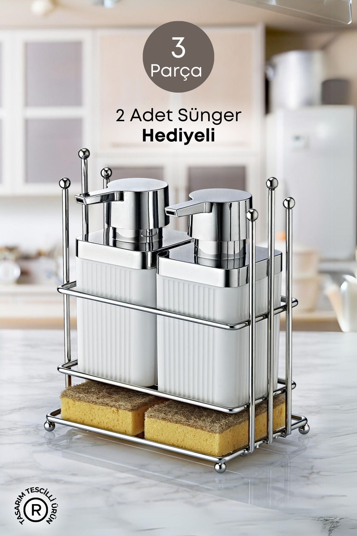 Metal Standlı Beyaz 2 Li Sıvı Sabunluk Mutfak Banyo Seti- 2 Adet Sünger Hediyeli