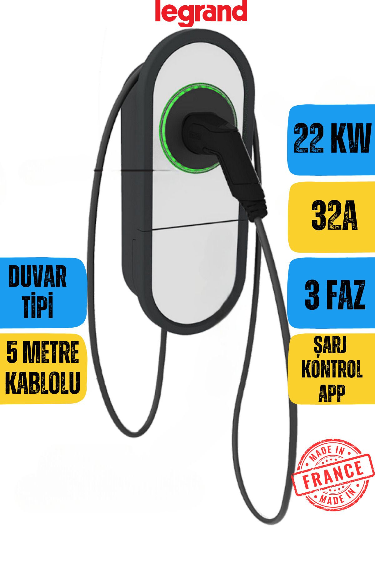 Legrand Elektrikli Araç Şarj Istasyonu 22 Kw Kablolu Duvar Tipi