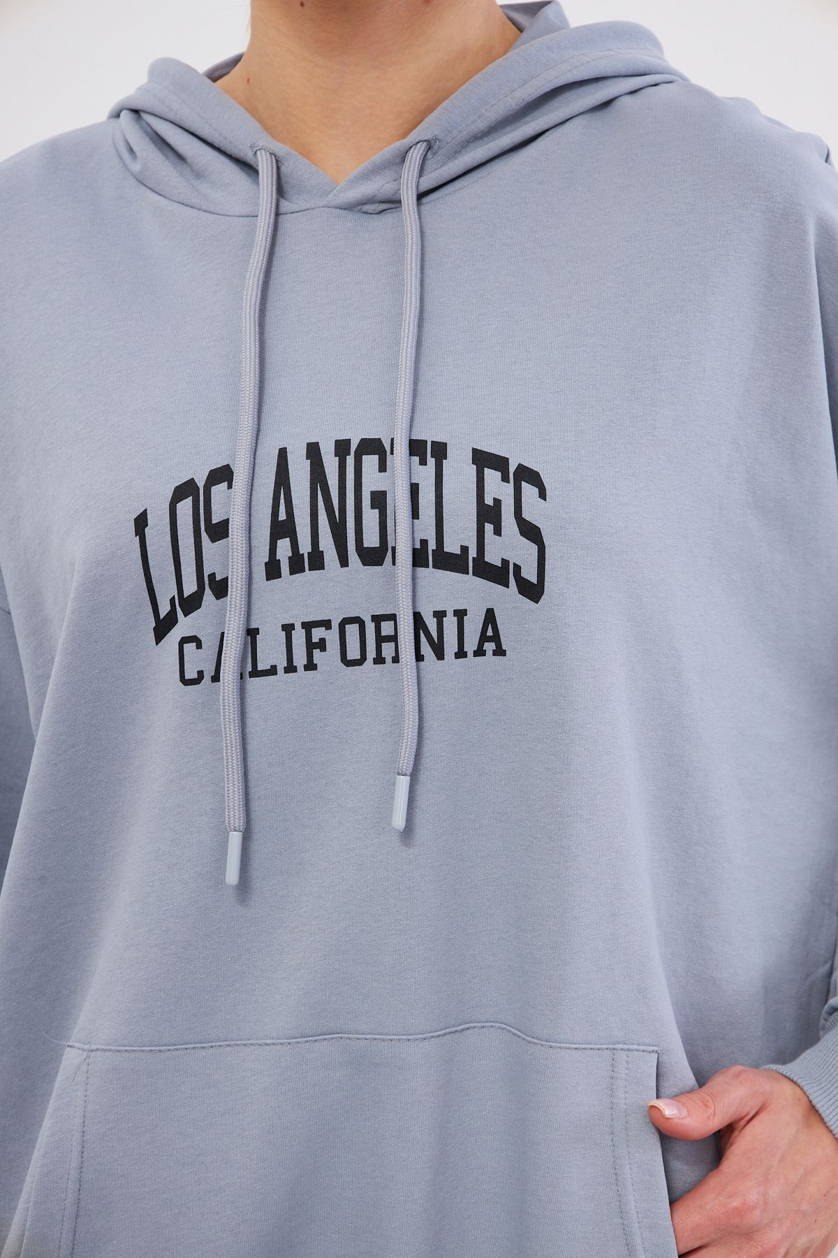 armonika-Los Angeles Printed Gray Oversize Hooded Women's Sweatshirt - Arm-25K 001026 4