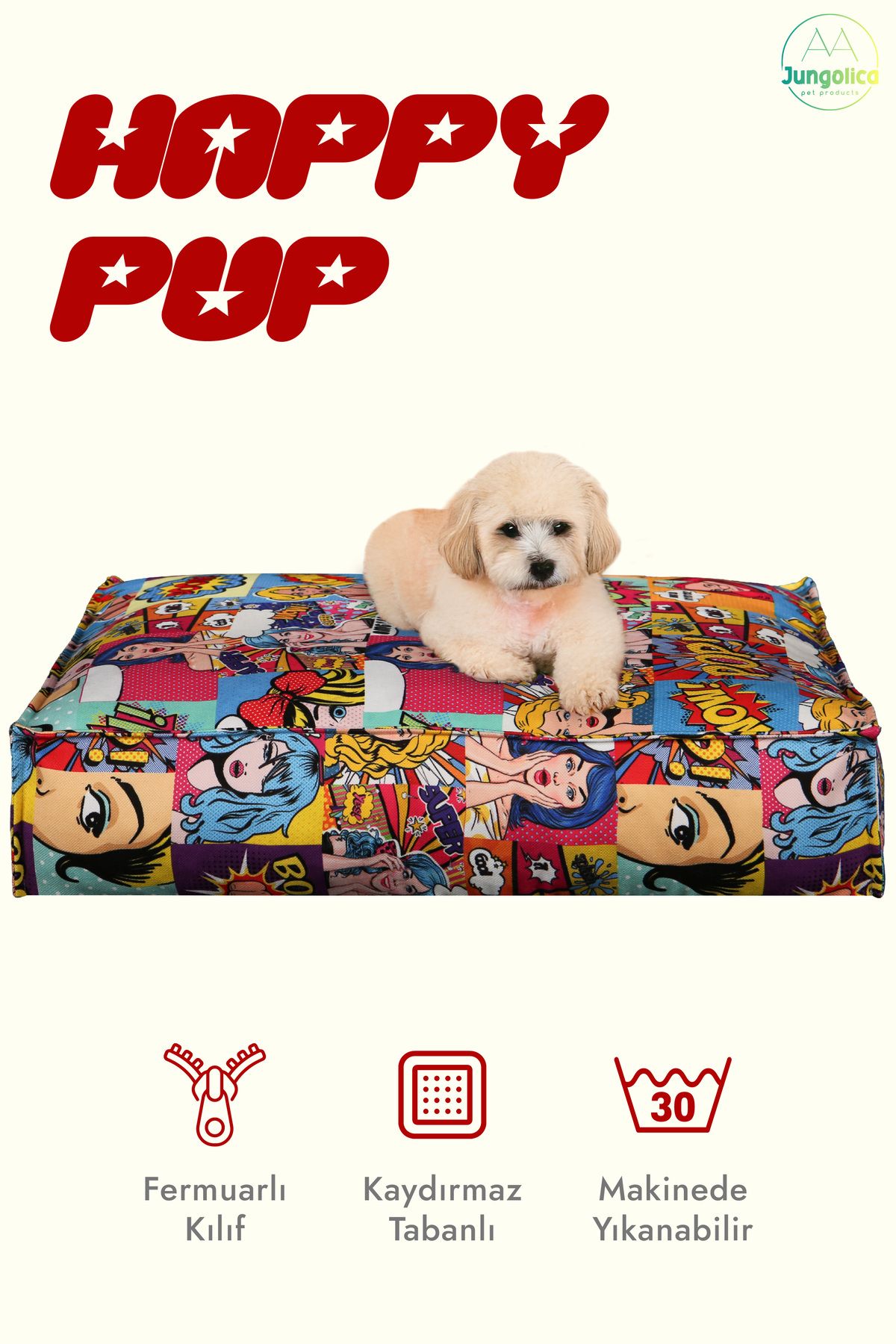 Happy Pup, Pop Art Desenli, Çıkarılabilir Kılıflı, Konforlu, Kaydırmaz Tabanlı Kedi ve Köpek Yatağı