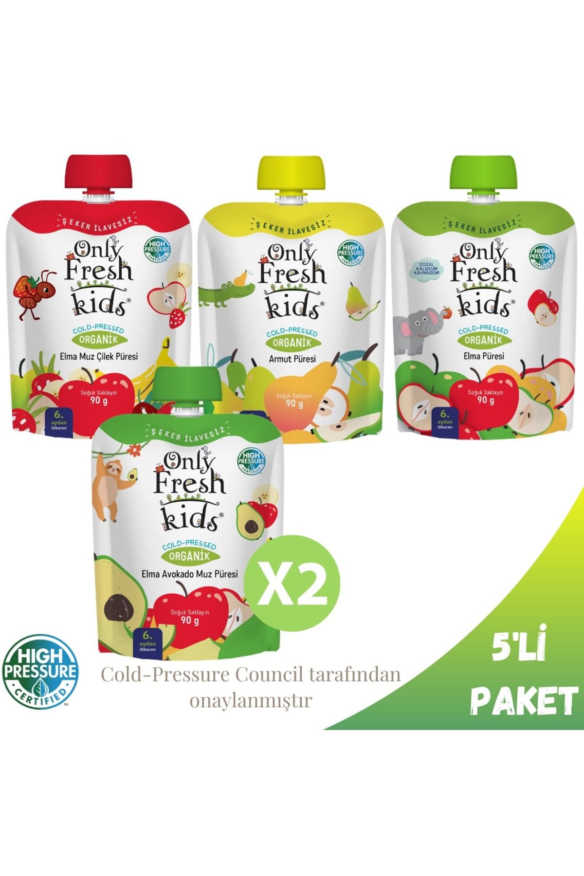 ONLY FRESH Organik Taze Soğuk Sıkım Meyve Püresi Mix 5'li Paket 2 Al 1 Öde Tüm Çeşitte