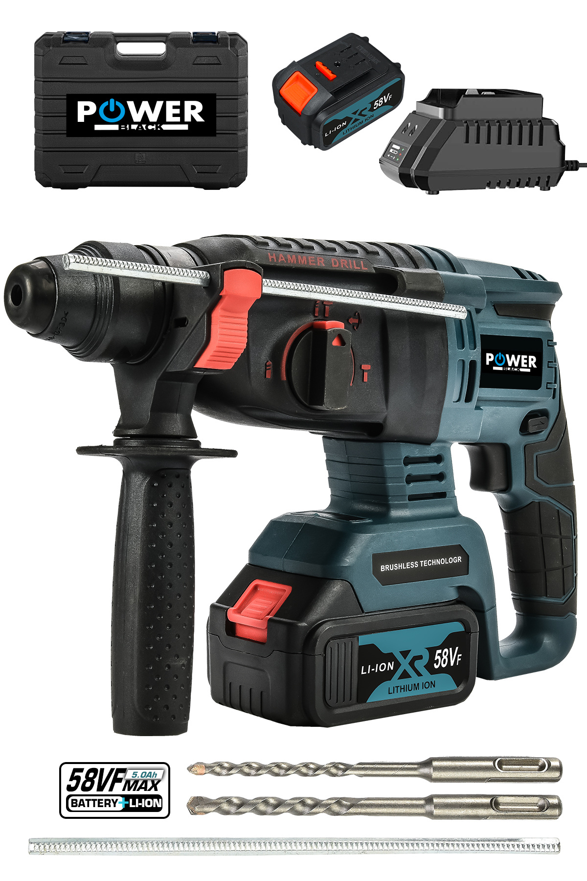 POWER BLACK Bakır Sargılı Kömürsüz Motor Darbeli Çift Akülü Şarjlı Kırıcı Delici 2-26 mm HİLTİ