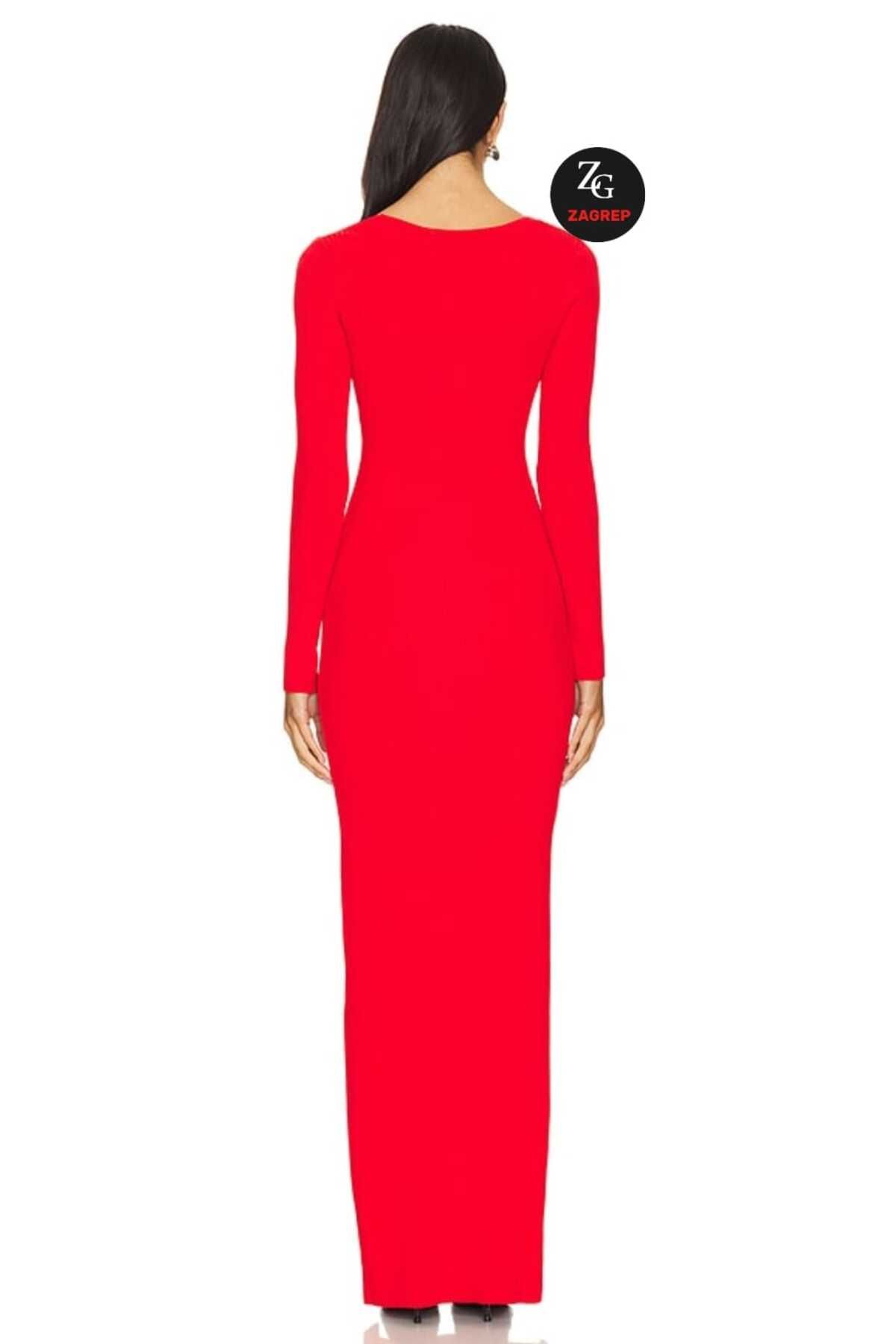 Zagrep-Women's Red Slit Oval Collar Lined Non-Showing Maxi Dress 2