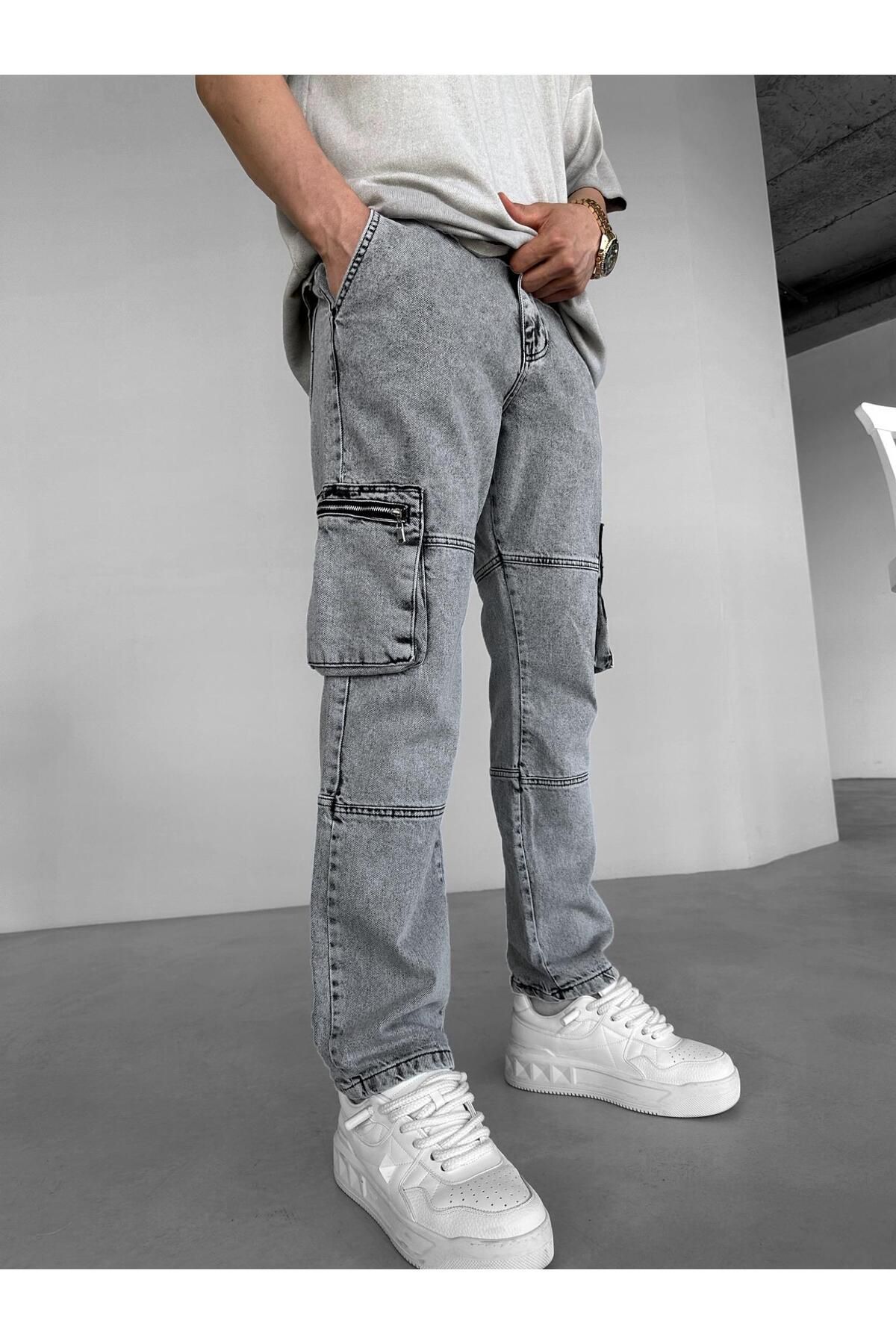 ablukaonline-Graue, gewaschene Baggy-Fit-Jeans-Cargohose für Herren 1