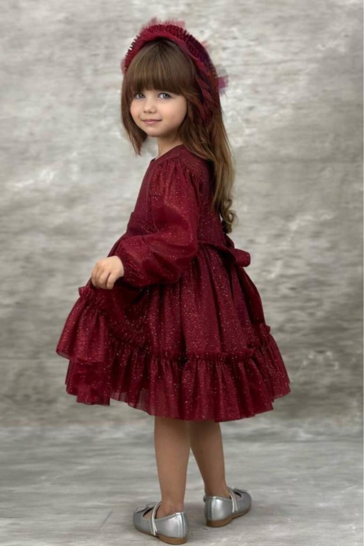 Riccotarz-Girl's Crew Neck Sleeves Transparent Skirt Tulle Glitter Burgundy Evening Dress 5