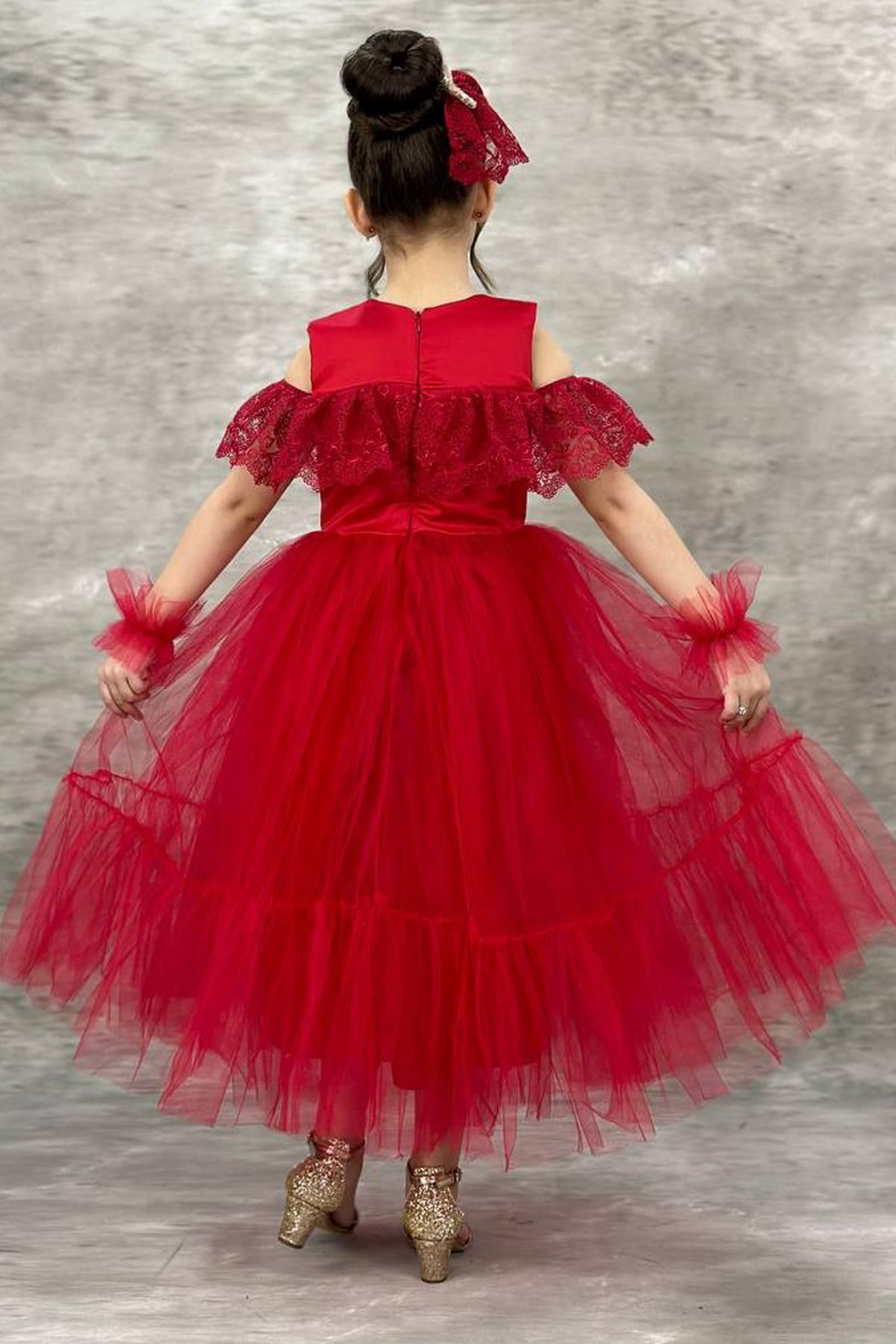 Riccotarz-Girl's Red Evening Dress with Transparent Collar, Off-the-Shoulder, and Guipure Embroidered Sleeves 4