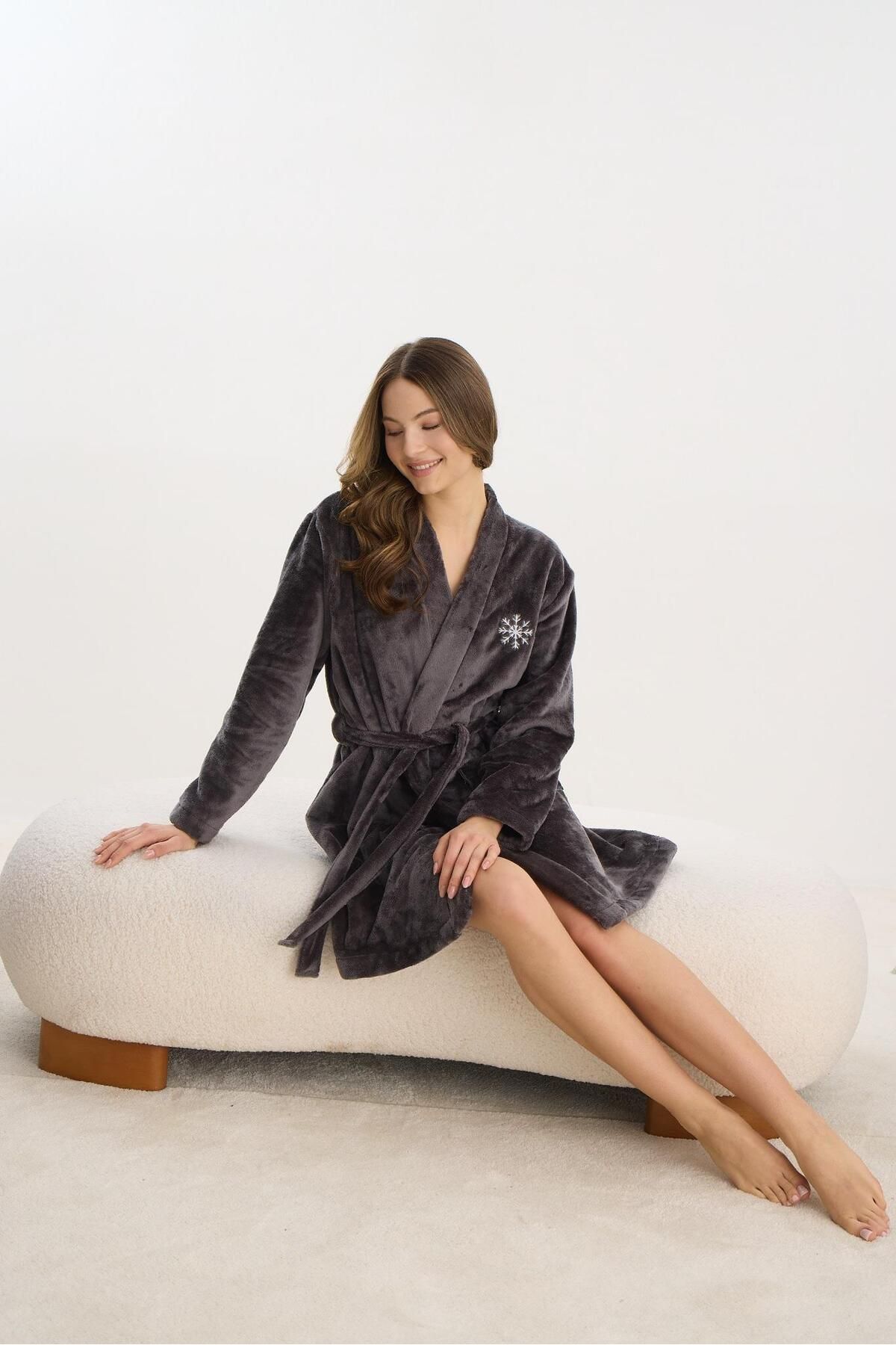 Sevim-Women's Smoked Super Soft Short Dressing Gown - C2T5N2O61 4