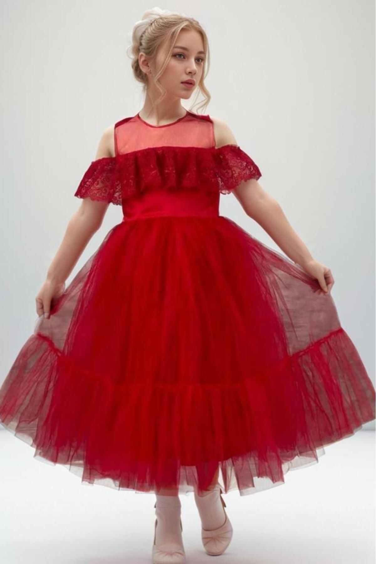 Riccotarz-Girl's Red Evening Dress with Transparent Collar, Off-the-Shoulder, and Guipure Embroidered Sleeves 6