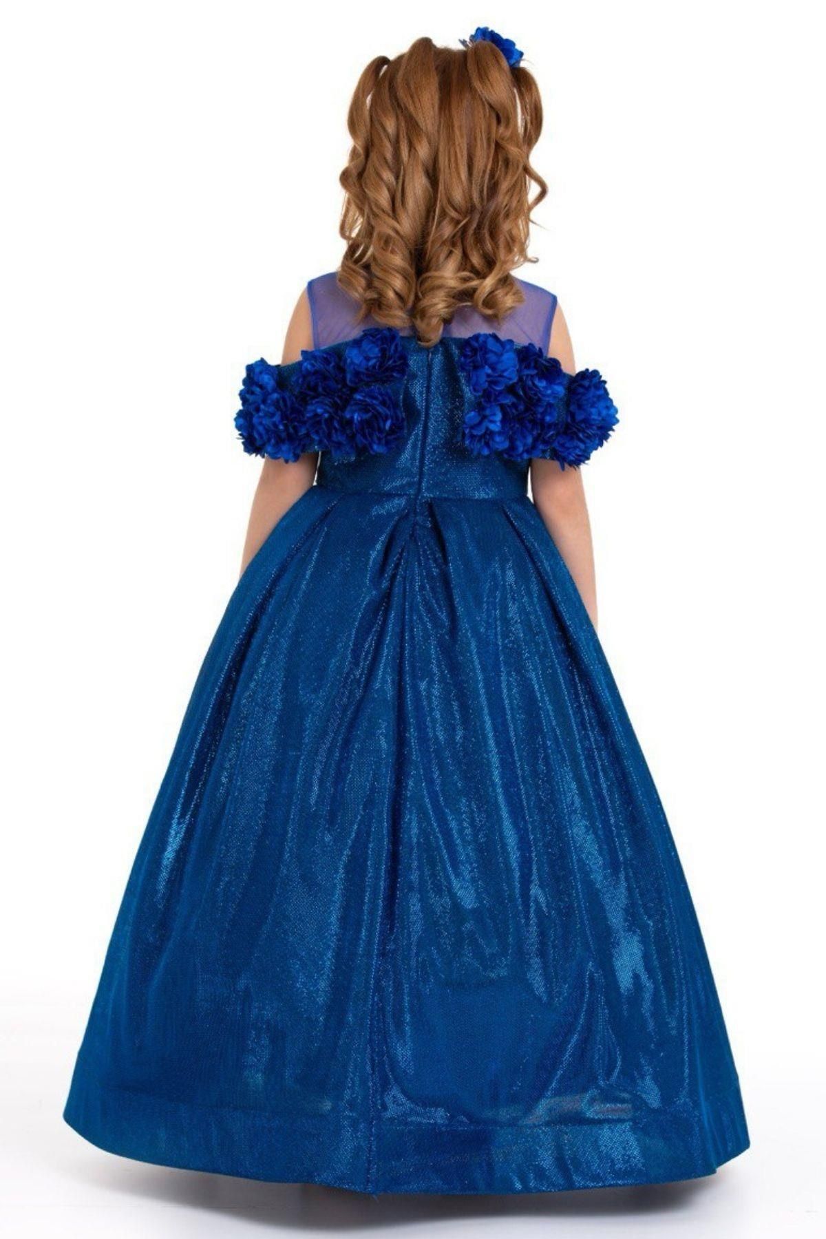 Riccotarz-Glitter Blue Evening Dress with Flower Embroidery for Girl - Boat Neck 4