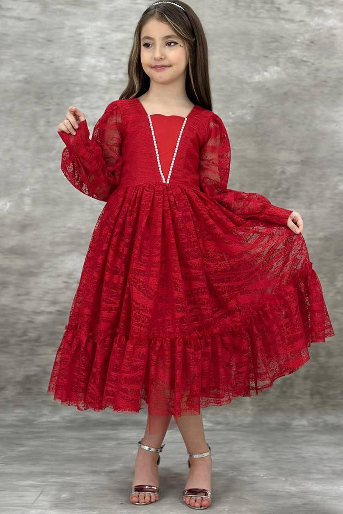 Riccotarz-Girl's Red Evening Dress with Transparent Sleeves, Pearl Beaded Collar and Ruffled Hem 3