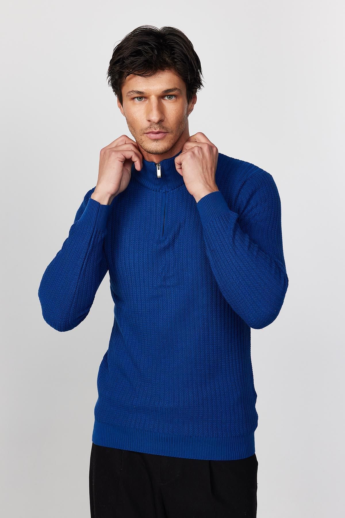 Tudors-Slim Fit Slim Fit Stand Collar Zippered Patterned Saks Blue Men's Knitwear Sweater 1