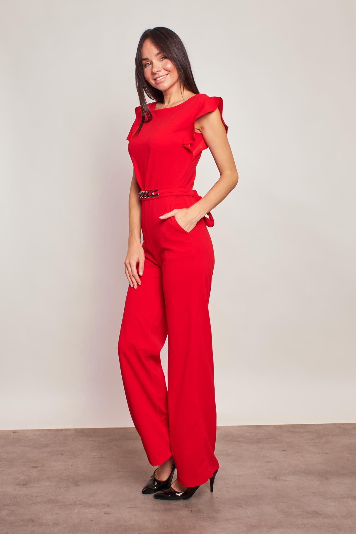 Jument-Stylish Office Evening Dress Jumpsuit with Lycra Thick Crepe Fabric Sleeves and Frilly Accessories - Red 3