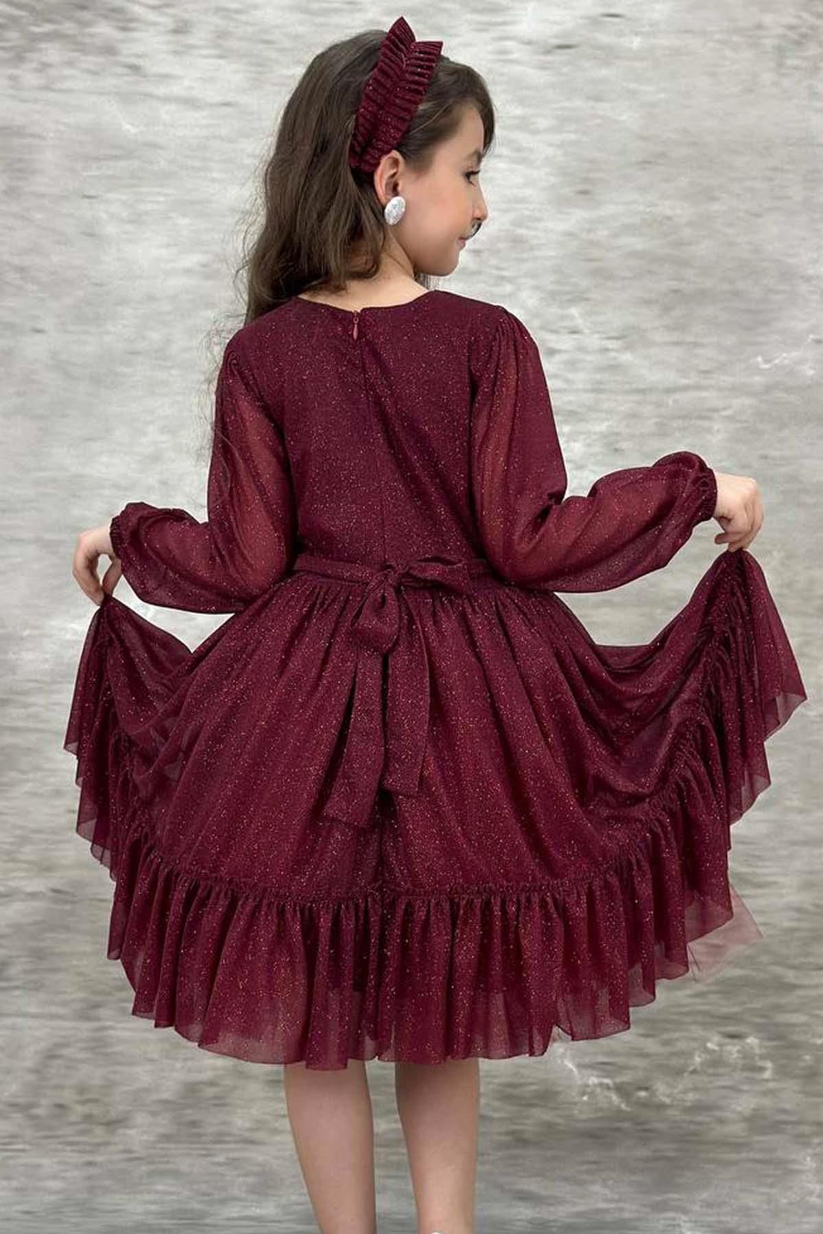 Riccotarz-Girl's Crew Neck Sleeves Transparent Skirt Tulle Glitter Burgundy Evening Dress 2