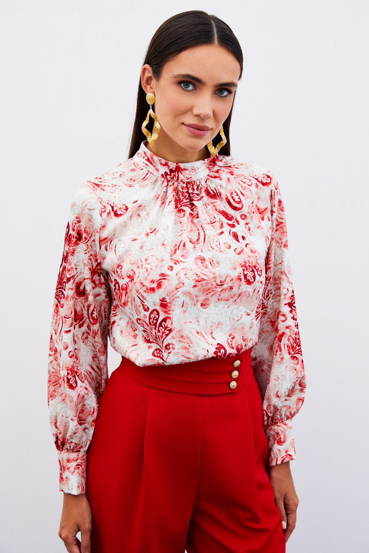 Sateen-Red Patterned Stand Collar Blouse 5