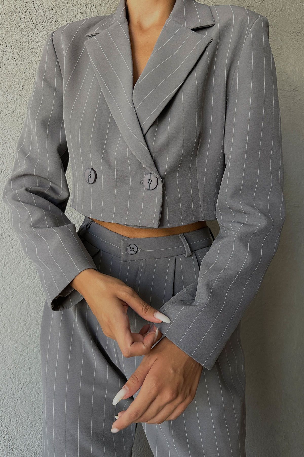 Seda Yalçın Atelier-Anthracite Striped Crop Jacket 1