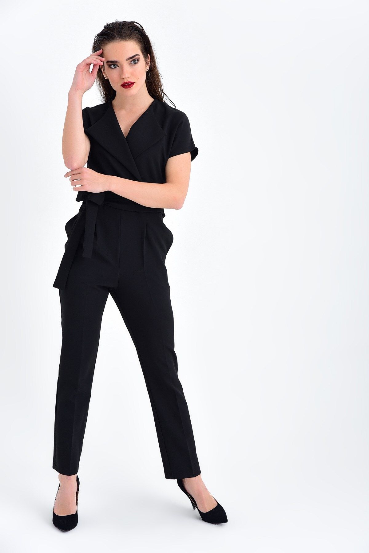Jument-Shawl Collar Off-Shoulder Lace-Up Ankle Length Jumpsuit - black 5