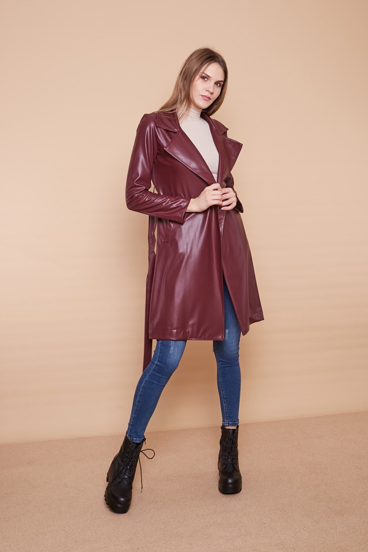 Jument-Belted Ecological Faux Leather Long Below Knee Sports Jacket Trench Coat-burgundy 2