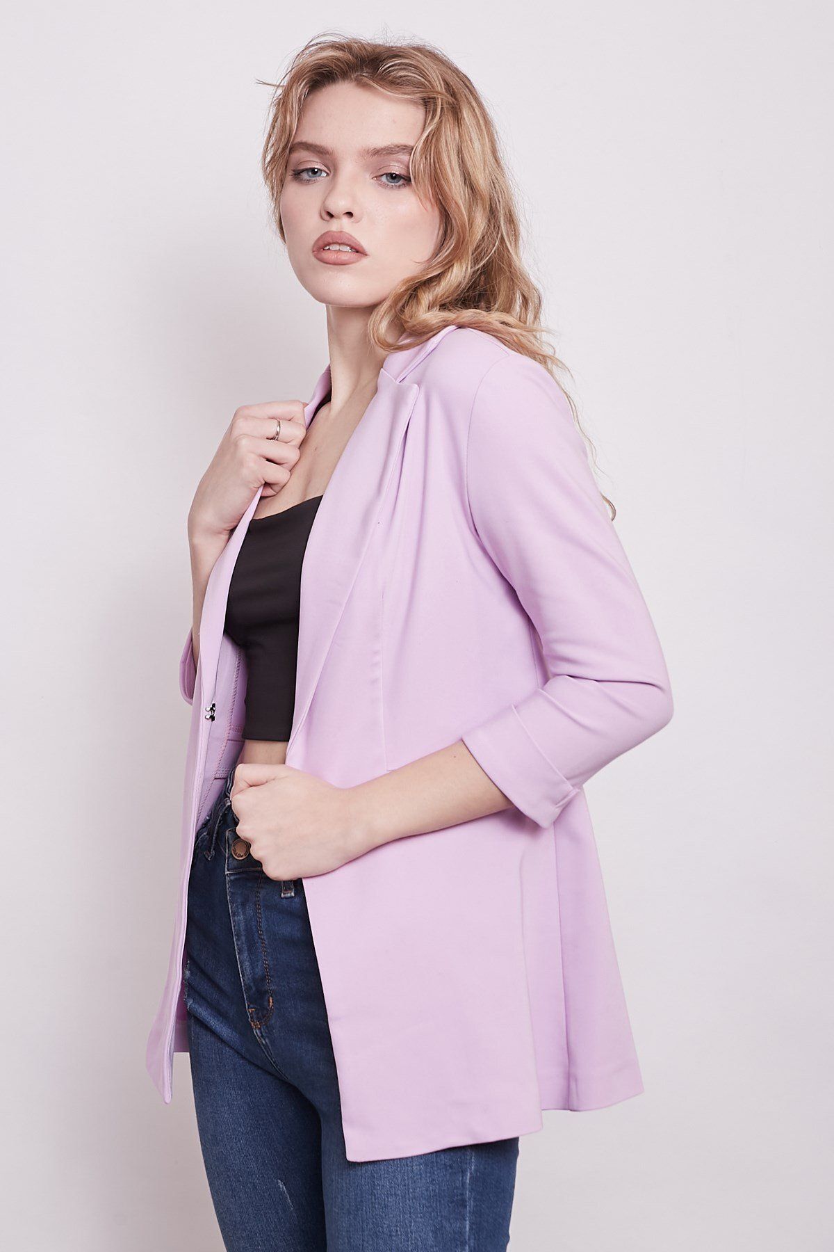 Jument-Capri Manecă trei sferturi Închizătură decorativă pentru buzunar Blazer de birou Jachetă din stofă-liliac 5