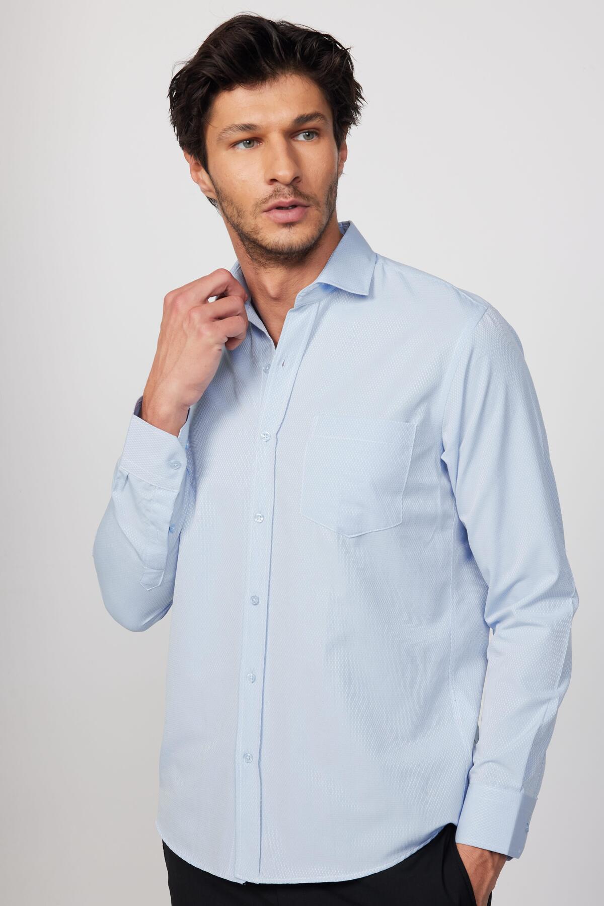 تودورز پیراهن مردانه آبی طرح‌دار یقه کراواتی بافت‌دار Regular Fit Classic Cut
