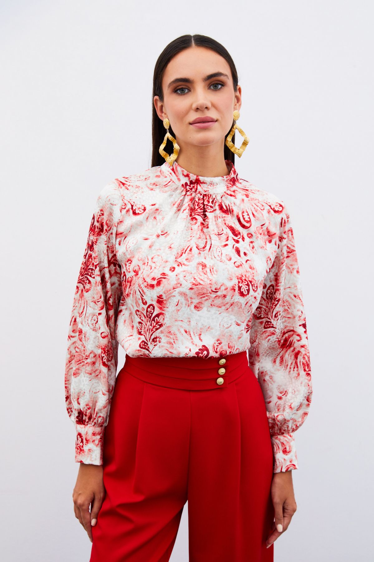 Sateen-Red Patterned Stand Collar Blouse 6