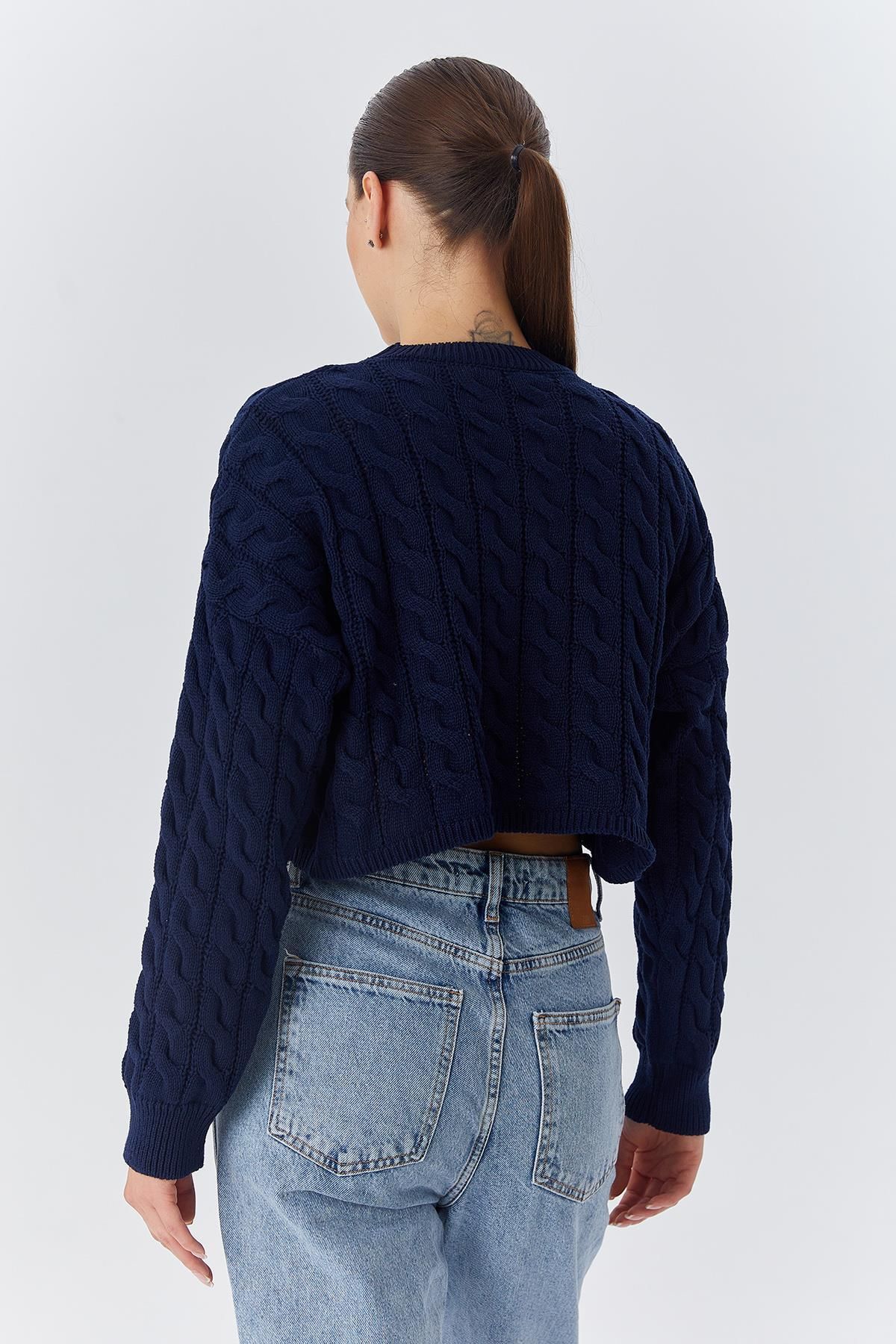 Mixray-6863 Women's Braided Crop Knitwear Sweater Navy Blue 6