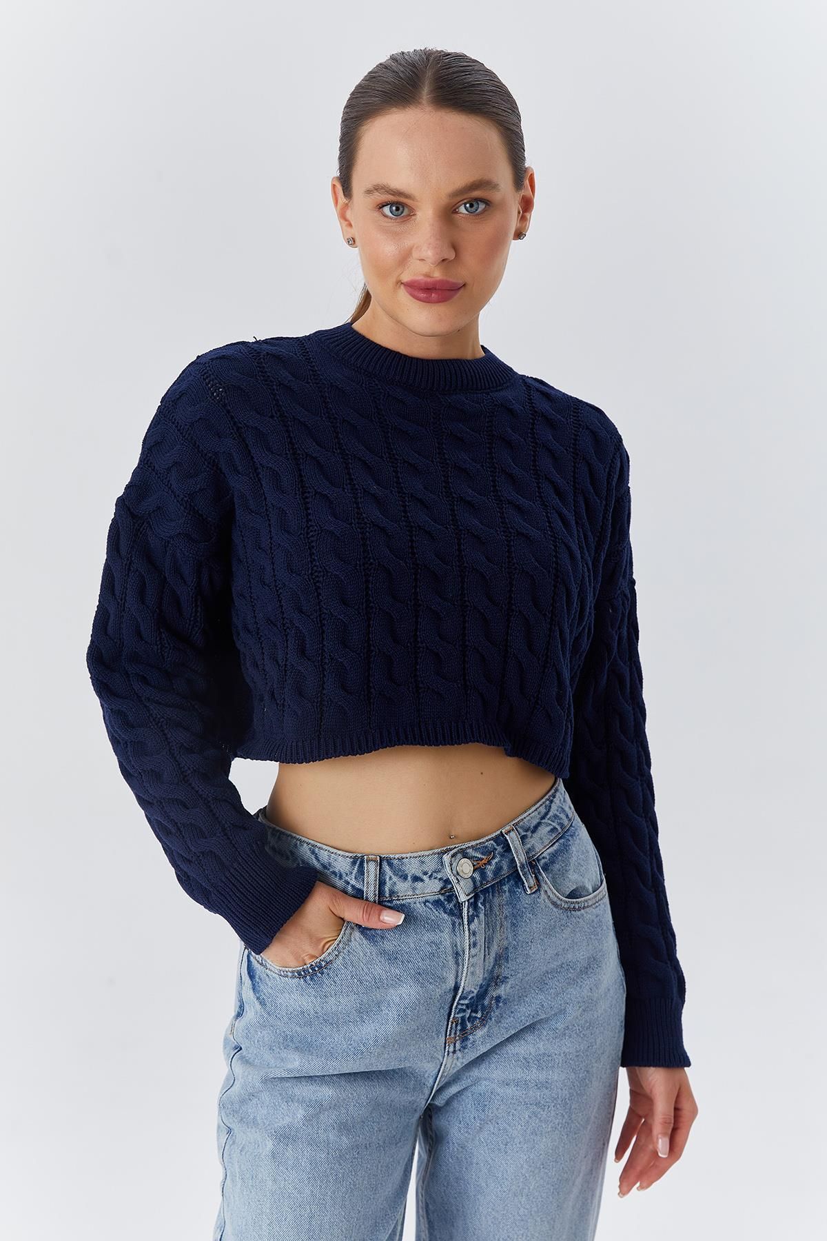 Mixray-6863 Women's Braided Crop Knitwear Sweater Navy Blue 1