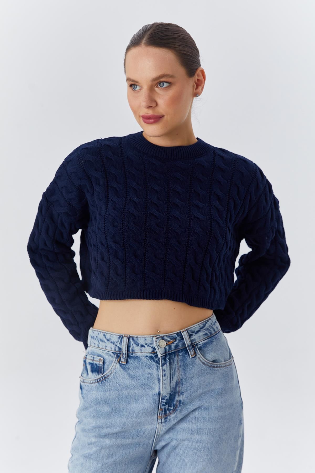 Mixray-6863 Women's Braided Crop Knitwear Sweater Navy Blue 5