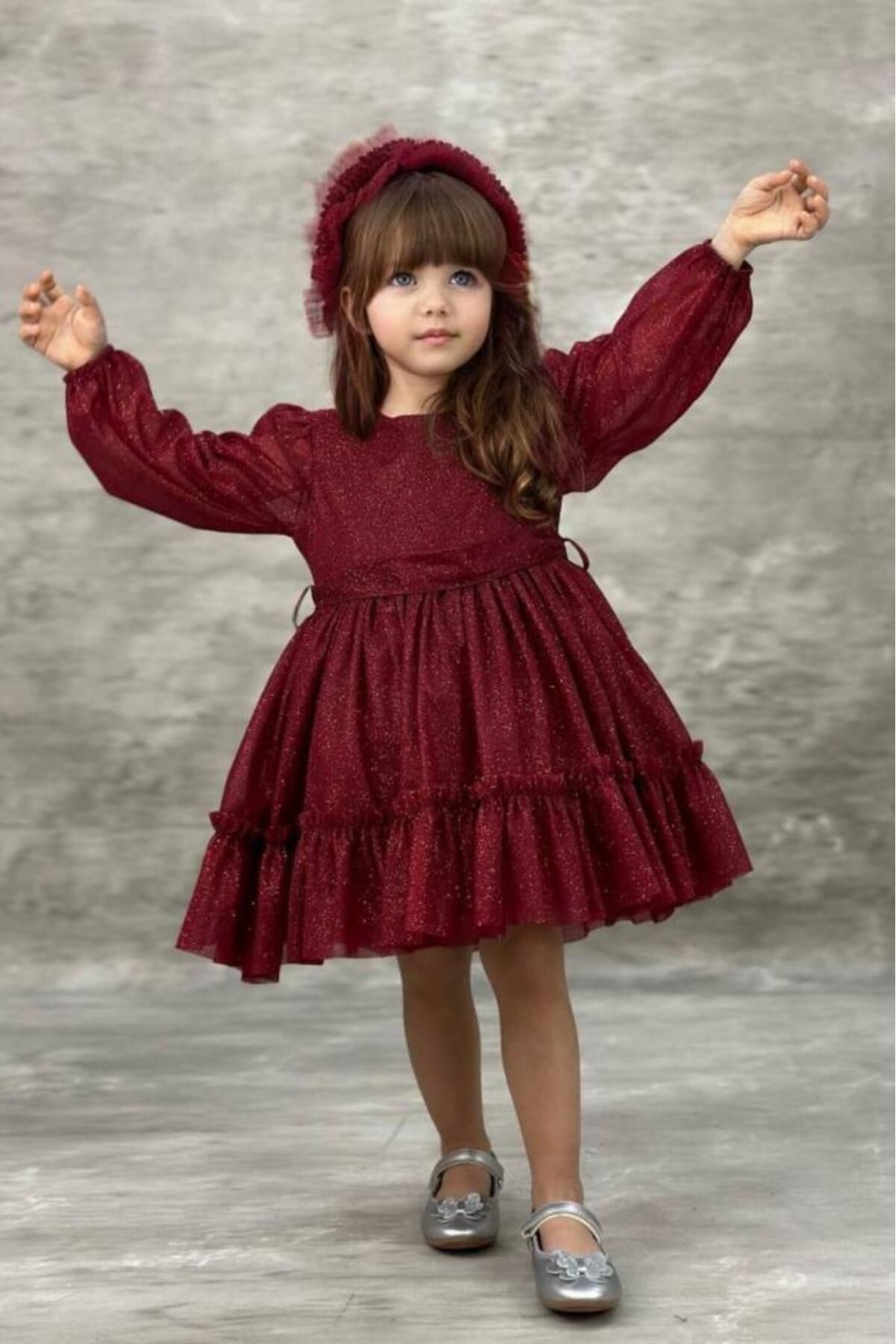 Riccotarz-Girl's Crew Neck Sleeves Transparent Skirt Tulle Glitter Burgundy Evening Dress 4