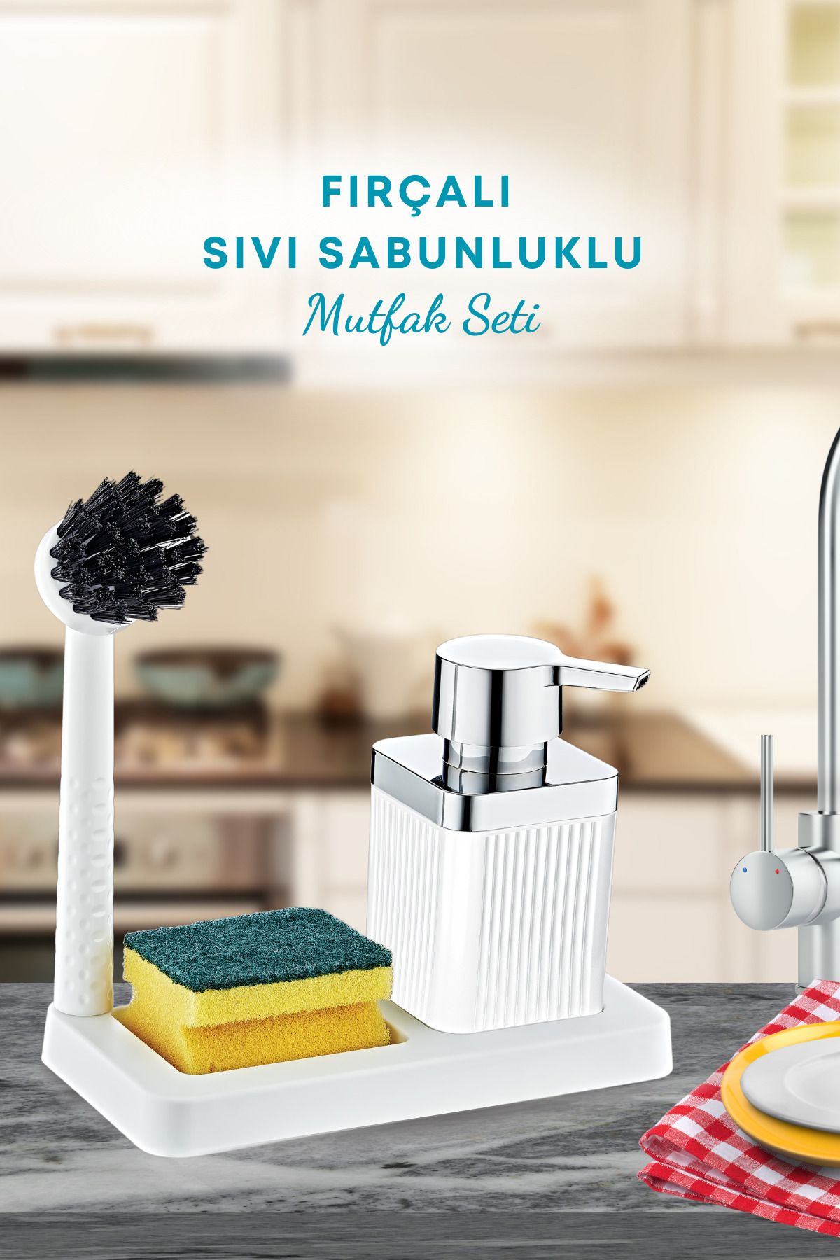 GRİMOR Life Fırçalı Sıvı Sabunluk Süngerlik Standlı Mutfak Banyo Seti