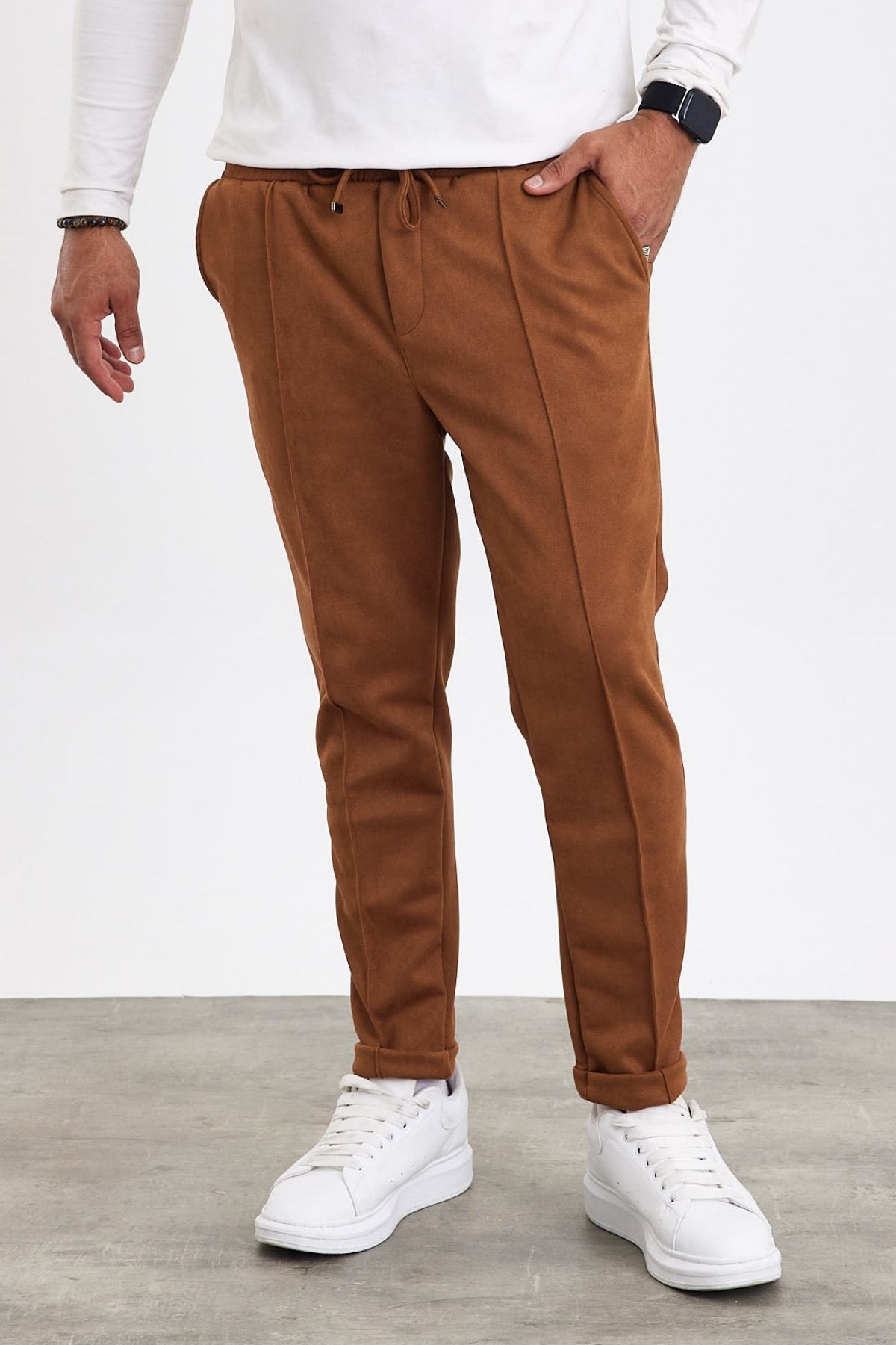 MADZEYMODA-New Season Men's Suede Double Leg Grass Detailed Cinnamon Color Trousers Mz22036 6