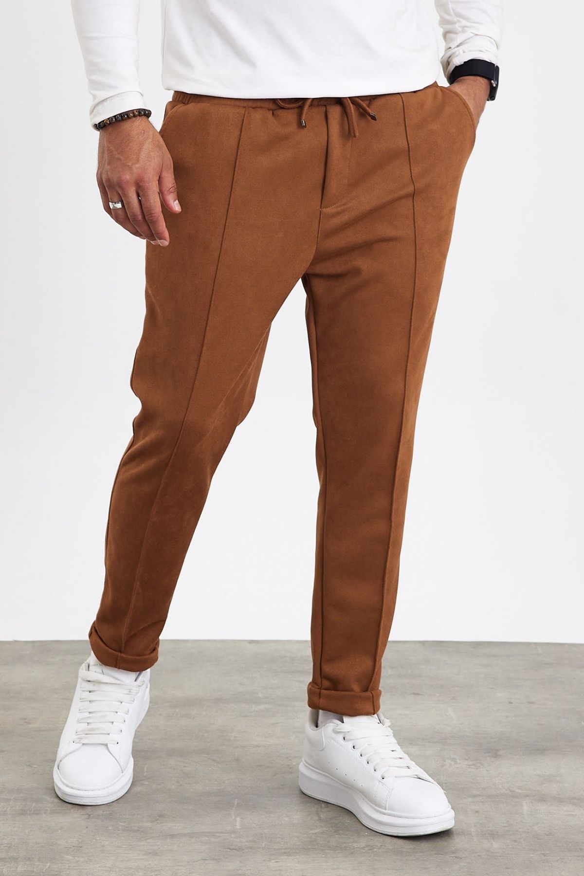 MADZEYMODA-New Season Men's Suede Double Leg Grass Detailed Cinnamon Color Trousers Mz22036 4