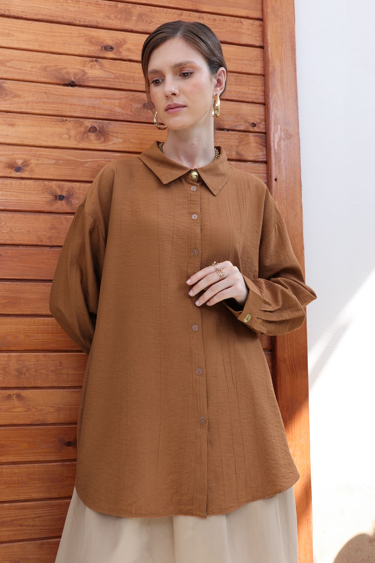 ALLDAY-Brown Large Size Stylish Buttoned Shirt with Cuff Detail 1