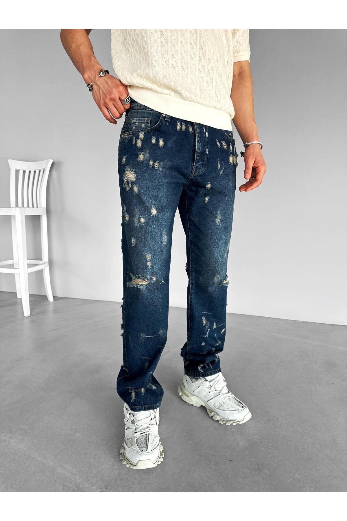 ablukaonline-Pantaloni largi pentru bărbați, blugi distressed, bleumarin 4