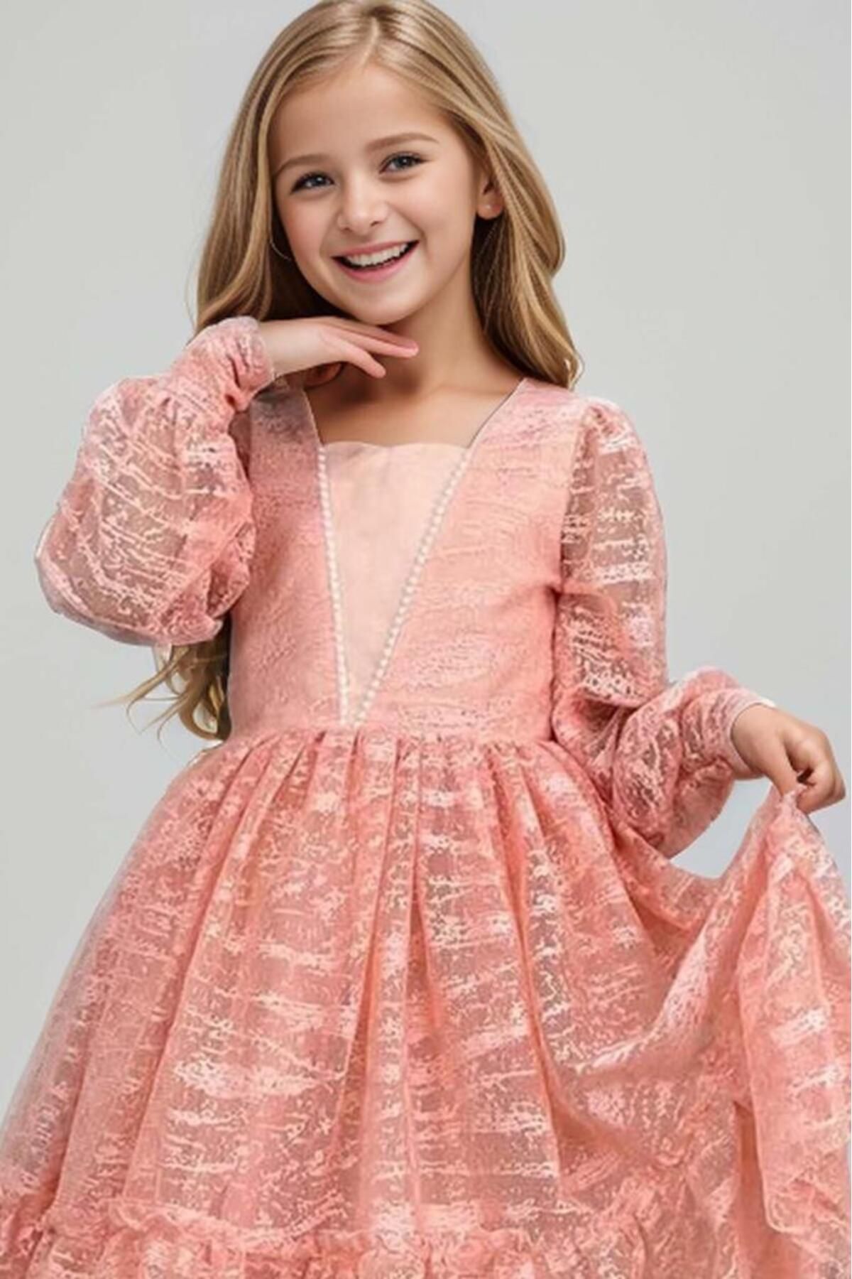 Riccotarz-Girl's Salmon Evening Dress with Transparent Sleeves, Pearl Beaded Neck and Ruffled Hem 8