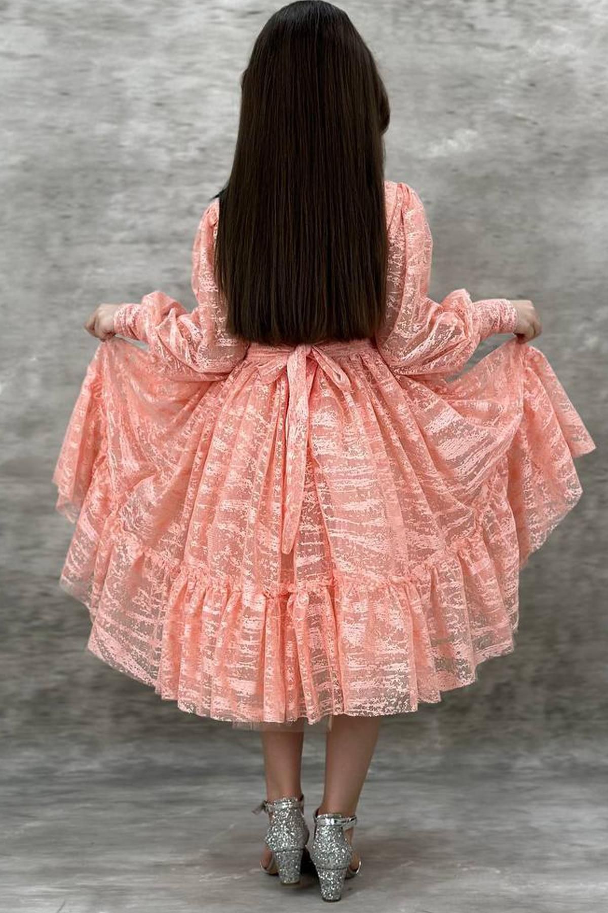 Riccotarz-Girl's Salmon Evening Dress with Transparent Sleeves, Pearl Beaded Neck and Ruffled Hem 3