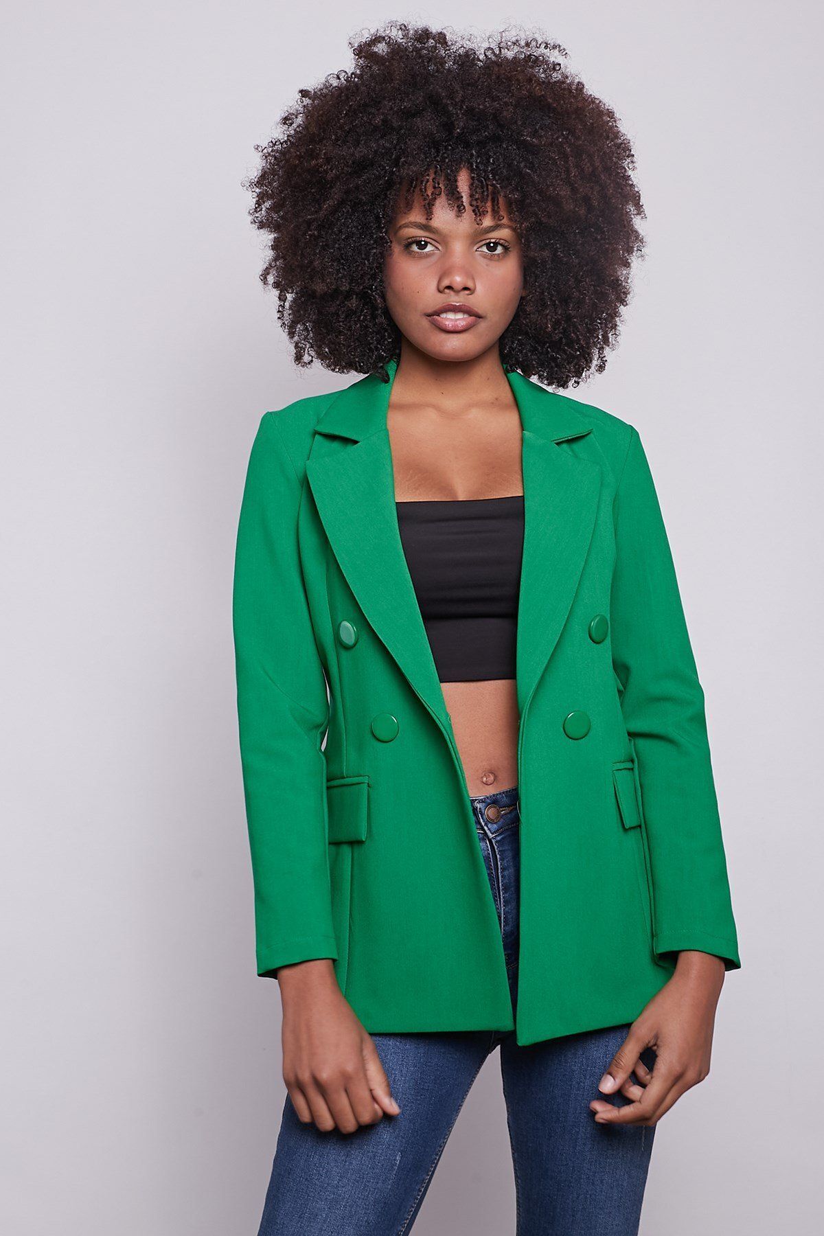 Jument-Women's Button Detailed Long Sleeve Stylish Office Ornament Pocket Flap Fabric Blazer Jacket - Benetton Green 1