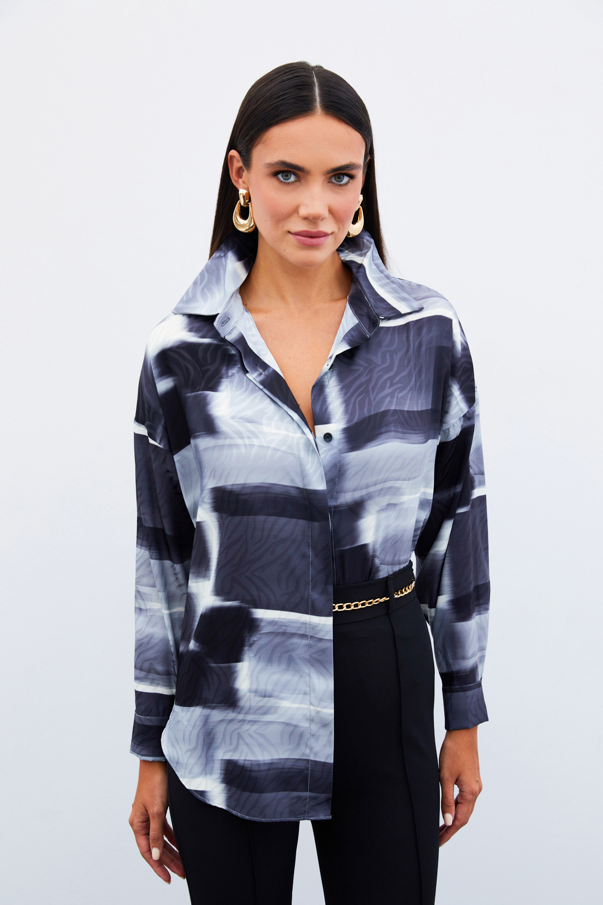 Sateen-Patterned Long Shirt - BLACK 6