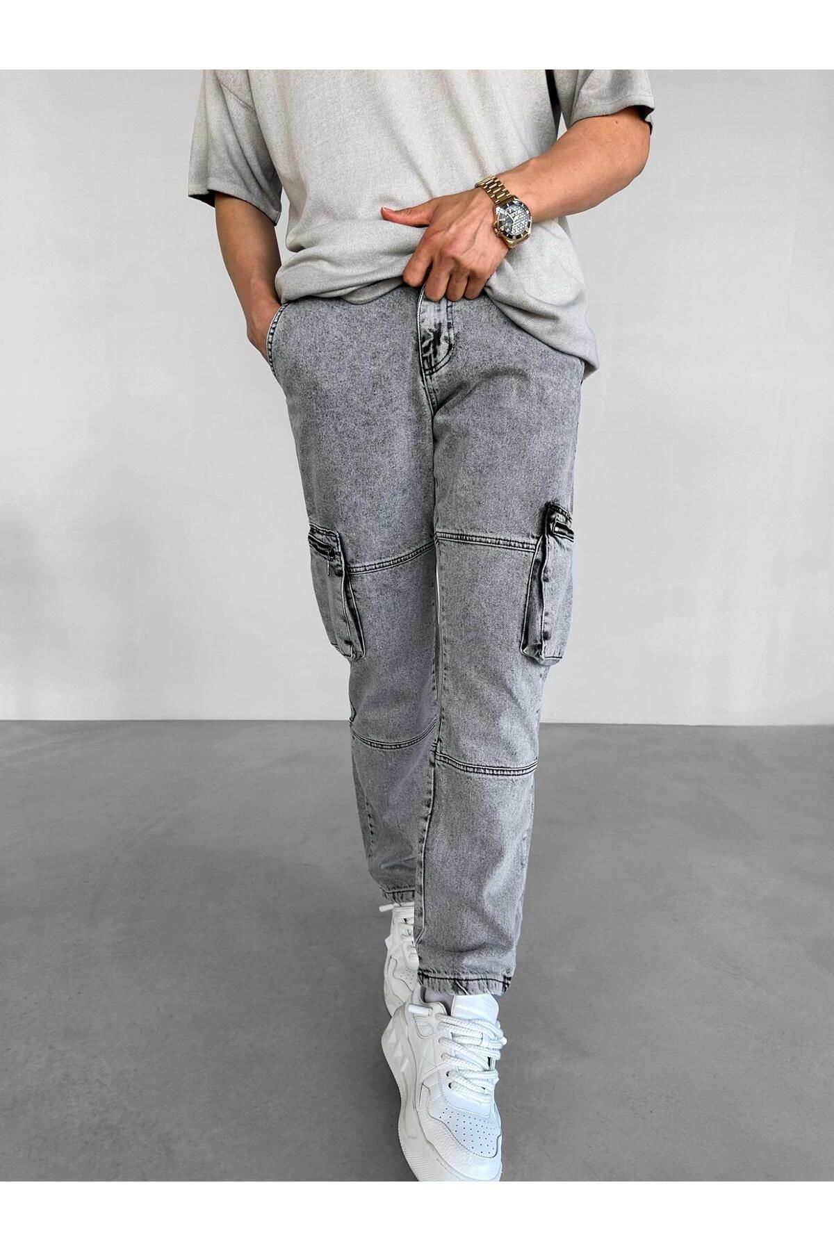 ablukaonline-Graue, gewaschene Baggy-Fit-Jeans-Cargohose für Herren 2