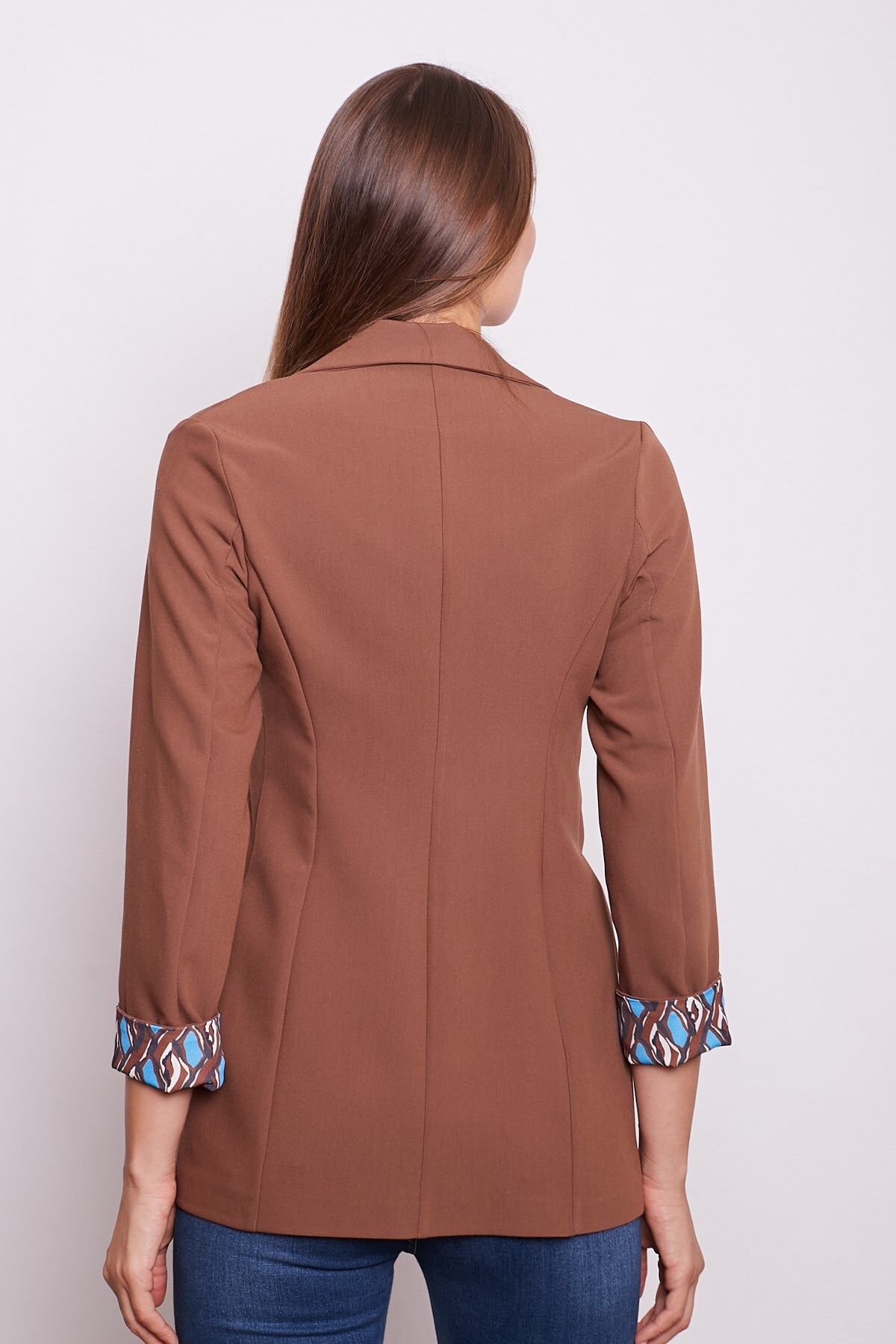 Jument-Collared Pocket Long Sleeve Fold Blazer Fabric Jacket - Tan 6