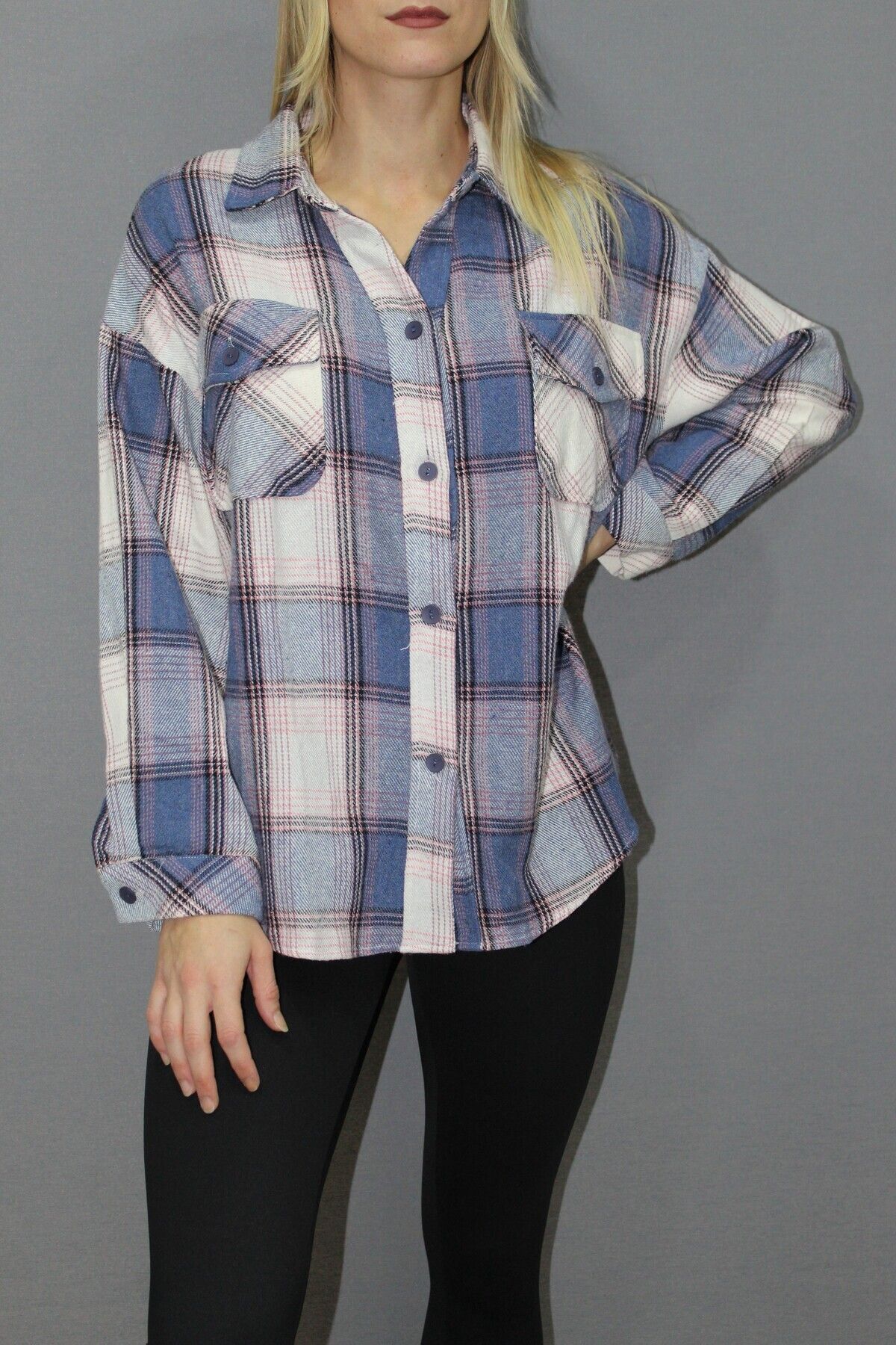 PİNK STAR Oversize Ekose Gömlek Mavi - 4686.140