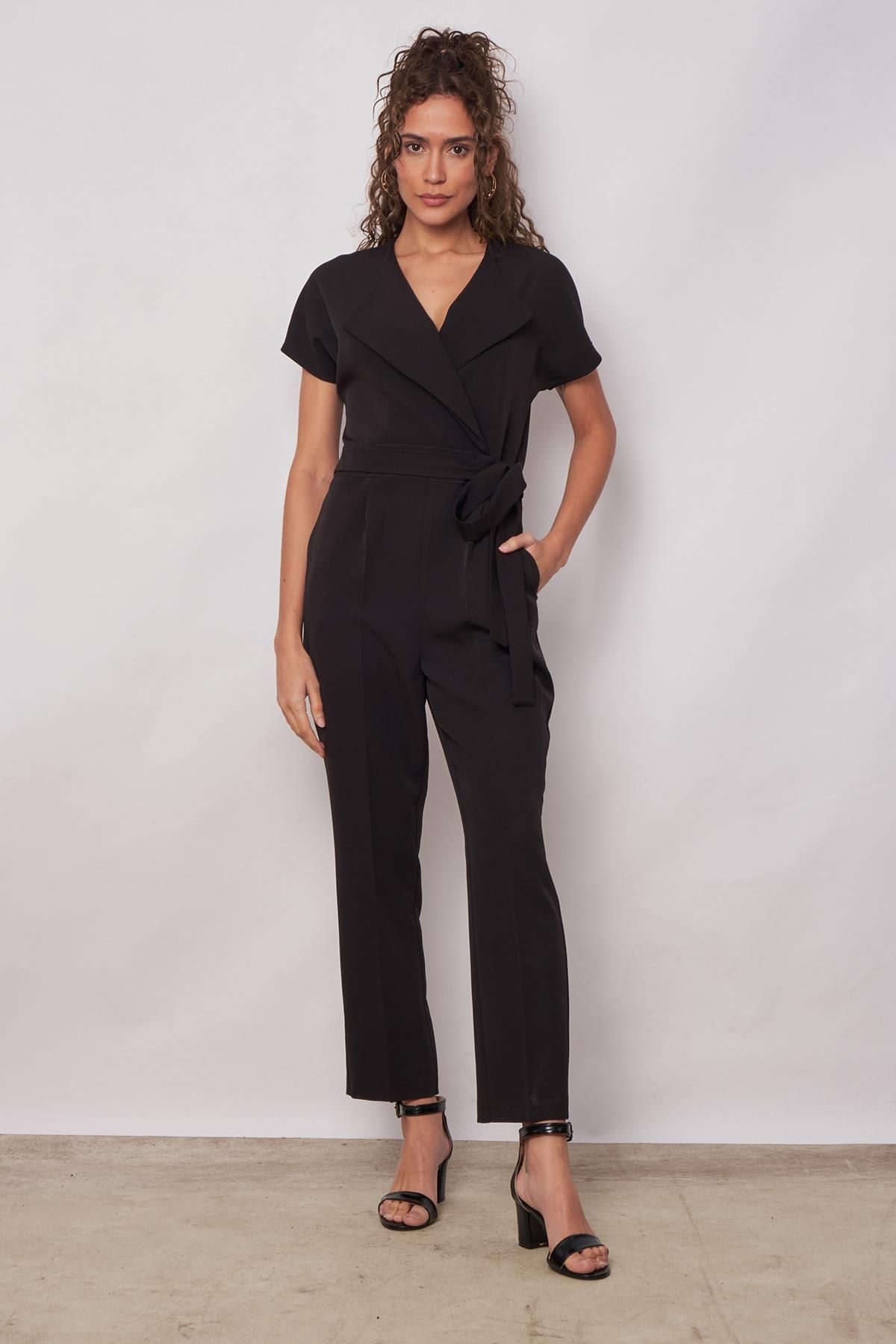 Jument-Shawl Collar Off-Shoulder Lace-Up Ankle Length Jumpsuit - black 2