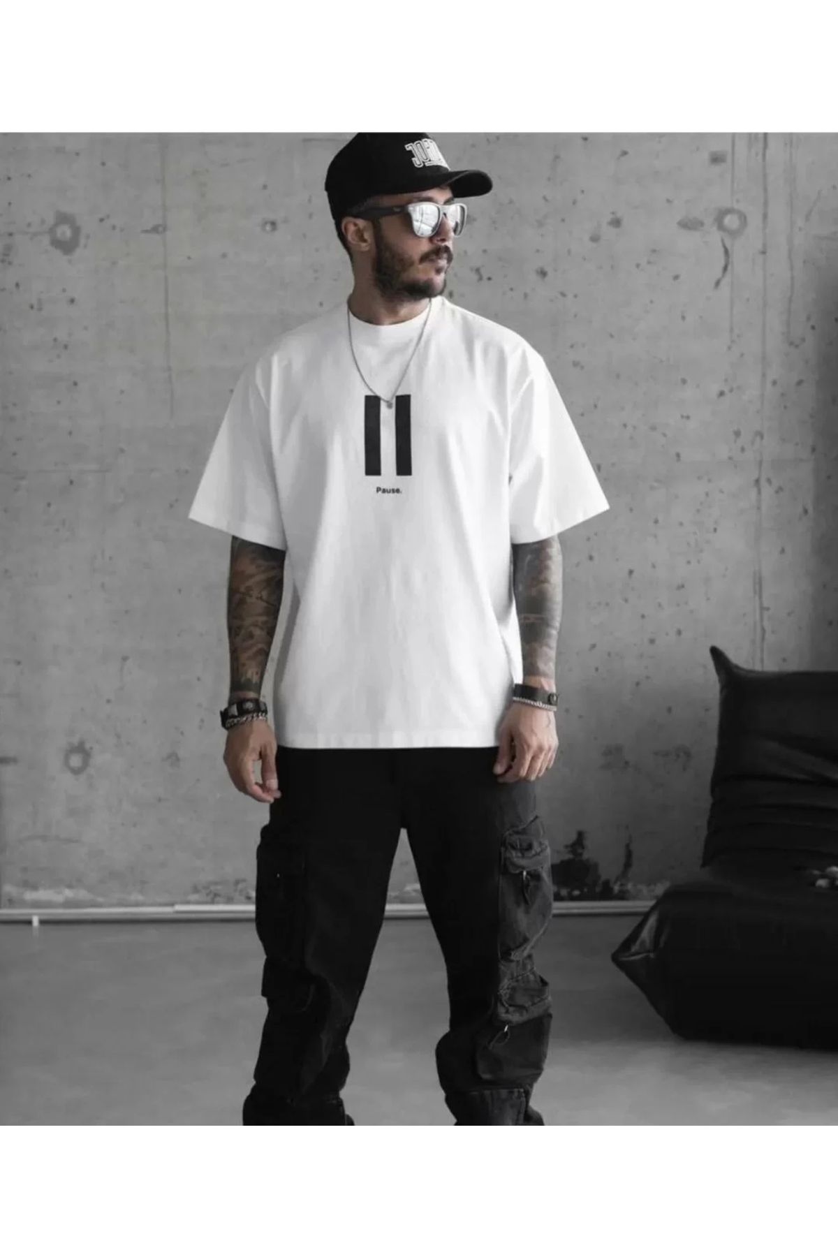 CVS Unisex Bisiklet Yaka Baskılı Oversize T-Shirt - Beyaz