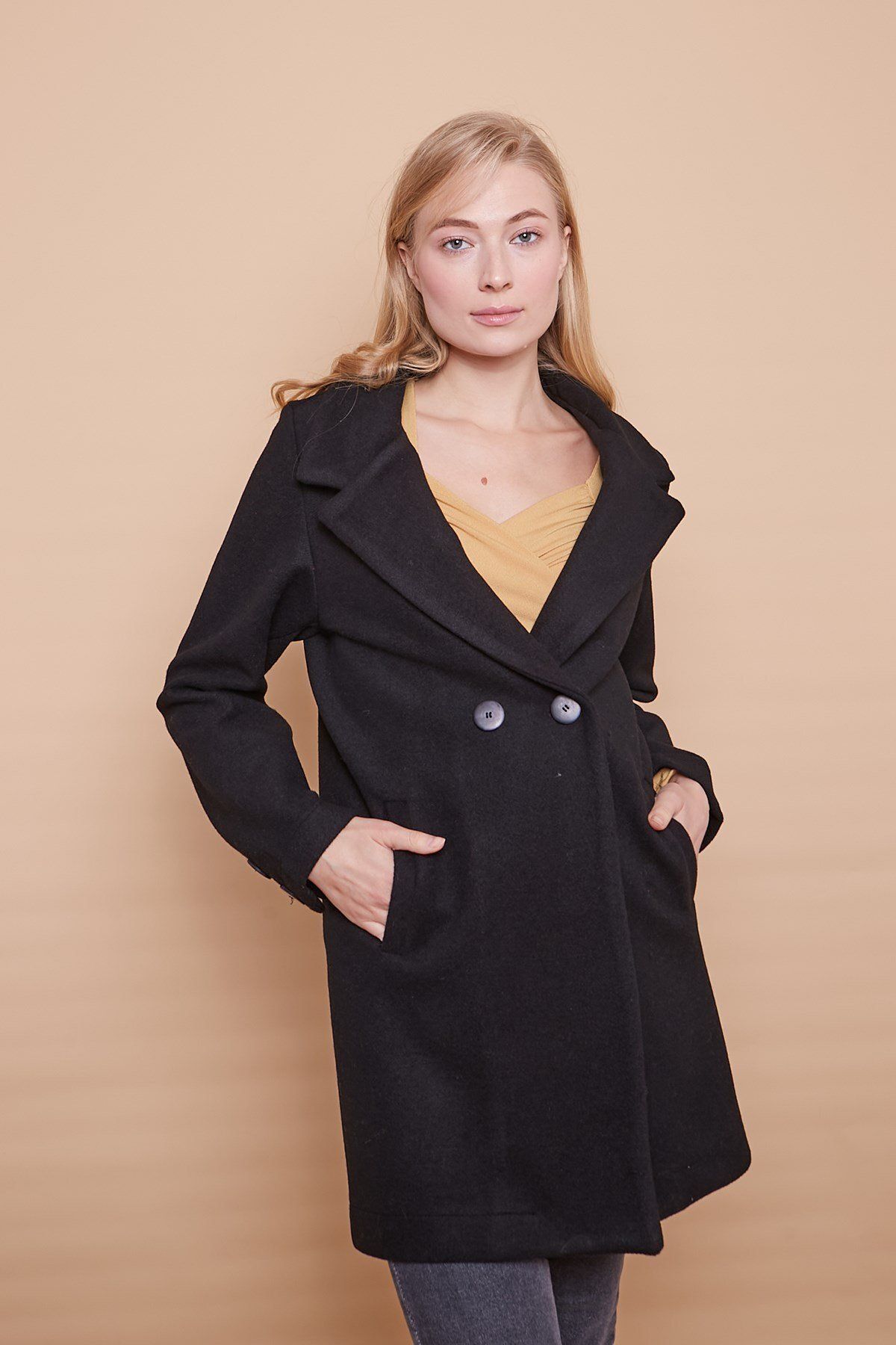 Jument-Stitched Collar, Flat Pocket, Slits on the Back and Sleeves, Buttons Above the Knee Coat - black 4