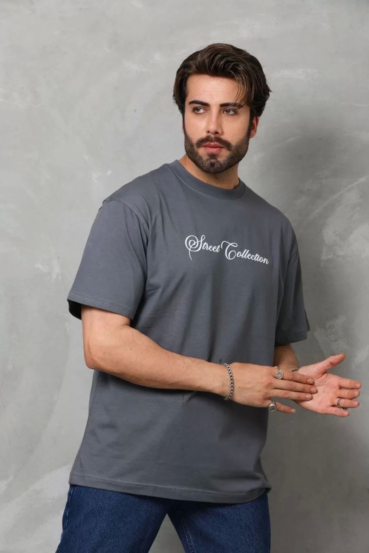CVS Unisex Bisiklet Yaka Baskılı Oversize T-Shirt - Füme