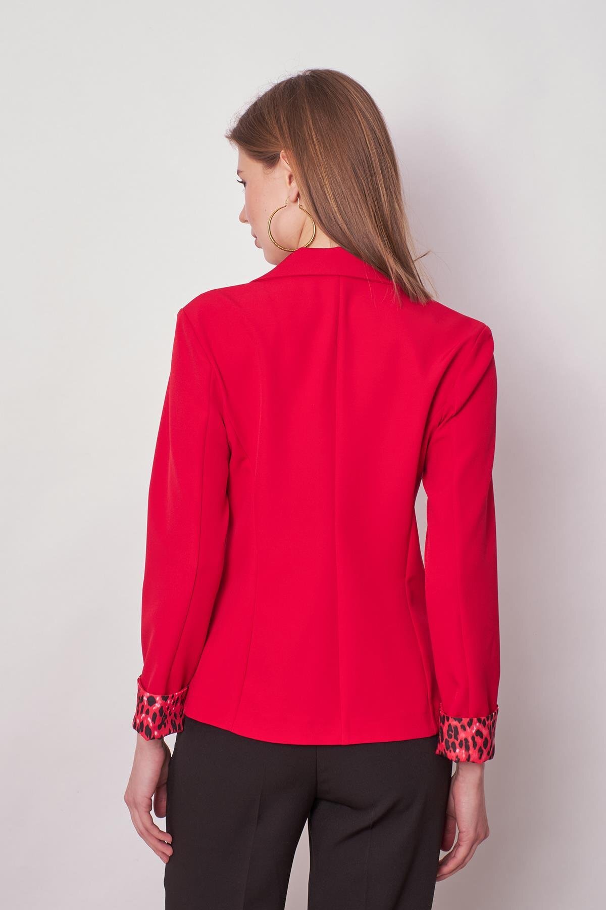 Jument  Yakalı Flato Cepli Kolu Duble Uzun Kol Ofis Şık Blazer Kumaş Ceket -Kırmızı - Görsel 7