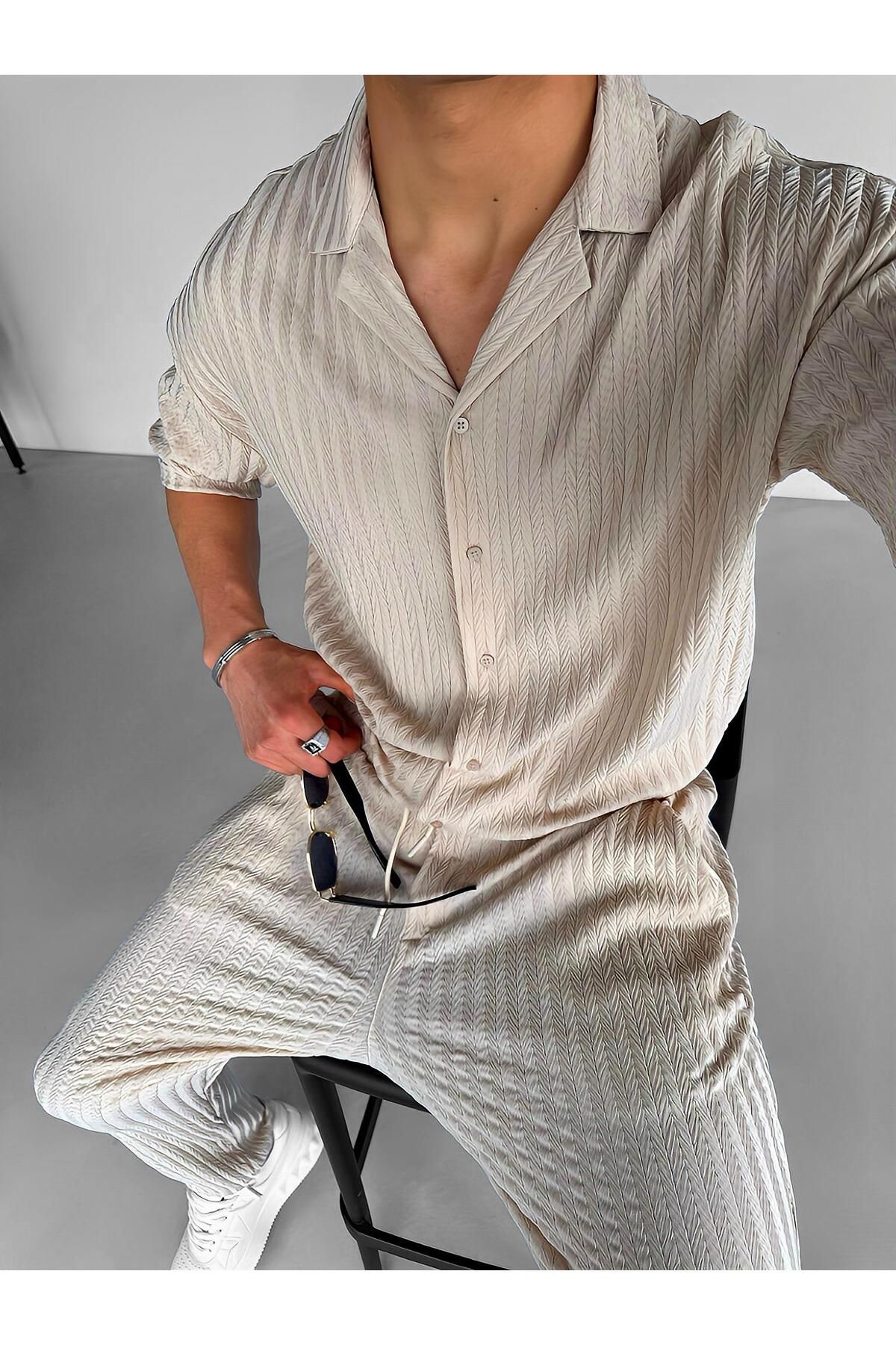 ablukaonline-Beige Colored Men's Oversize Cuban Collar Shirt 2