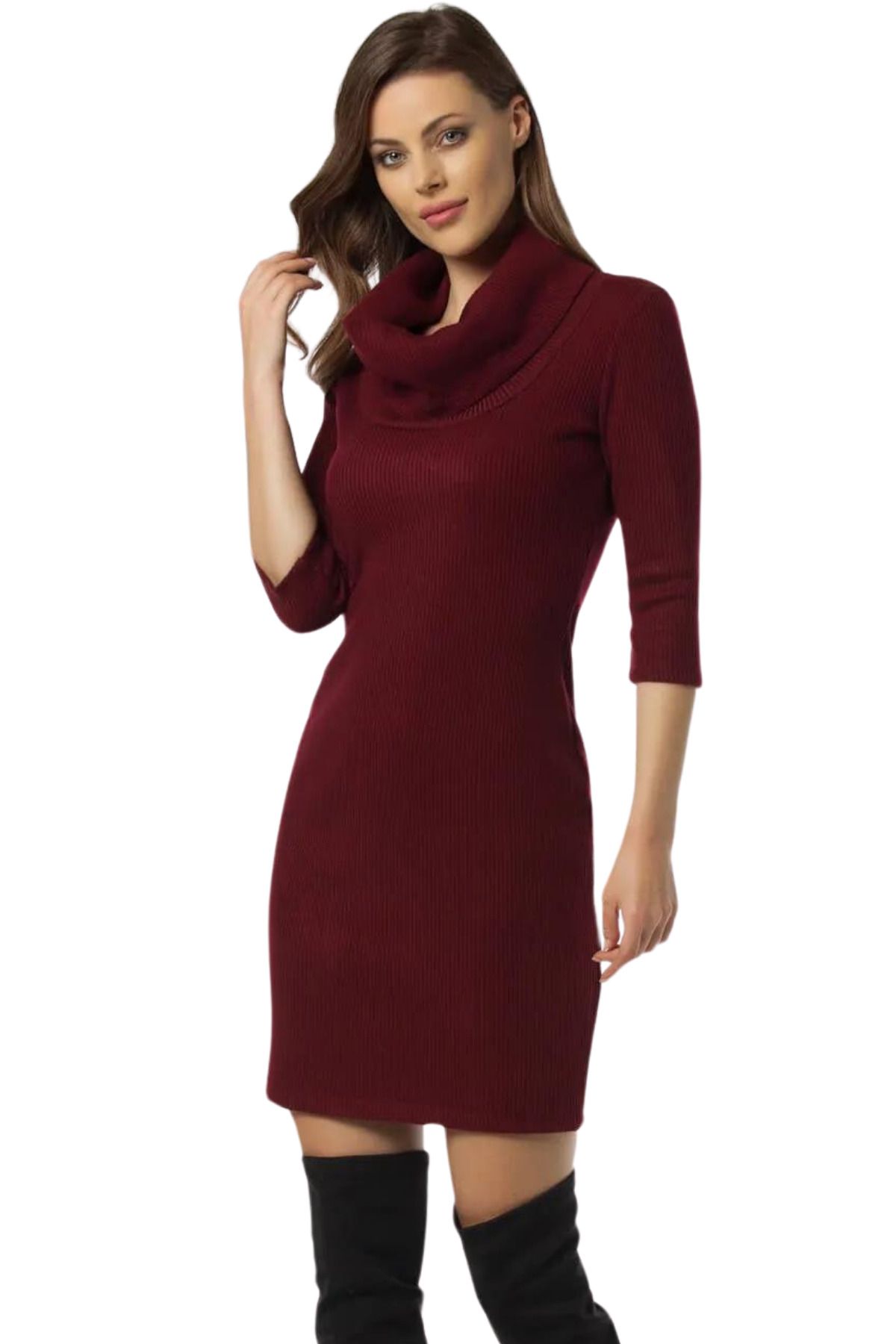 Laranor-Rochie de damă bordeaux cu guler vertical cu detaliu camisole 19l6464 5