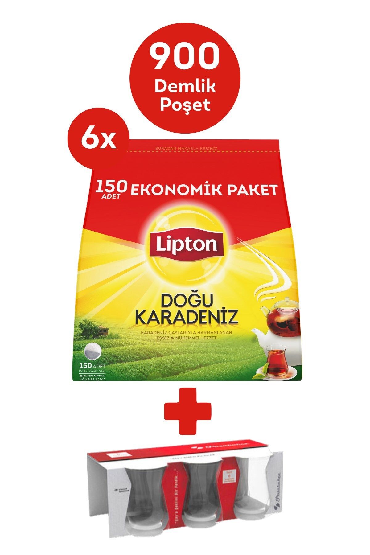 Lipton Doğu Karadeniz Bergamot Aromalı Demlik Poşet Çay 150li x 6 + Hediye Paşabahce Çay Bardağı 6lı